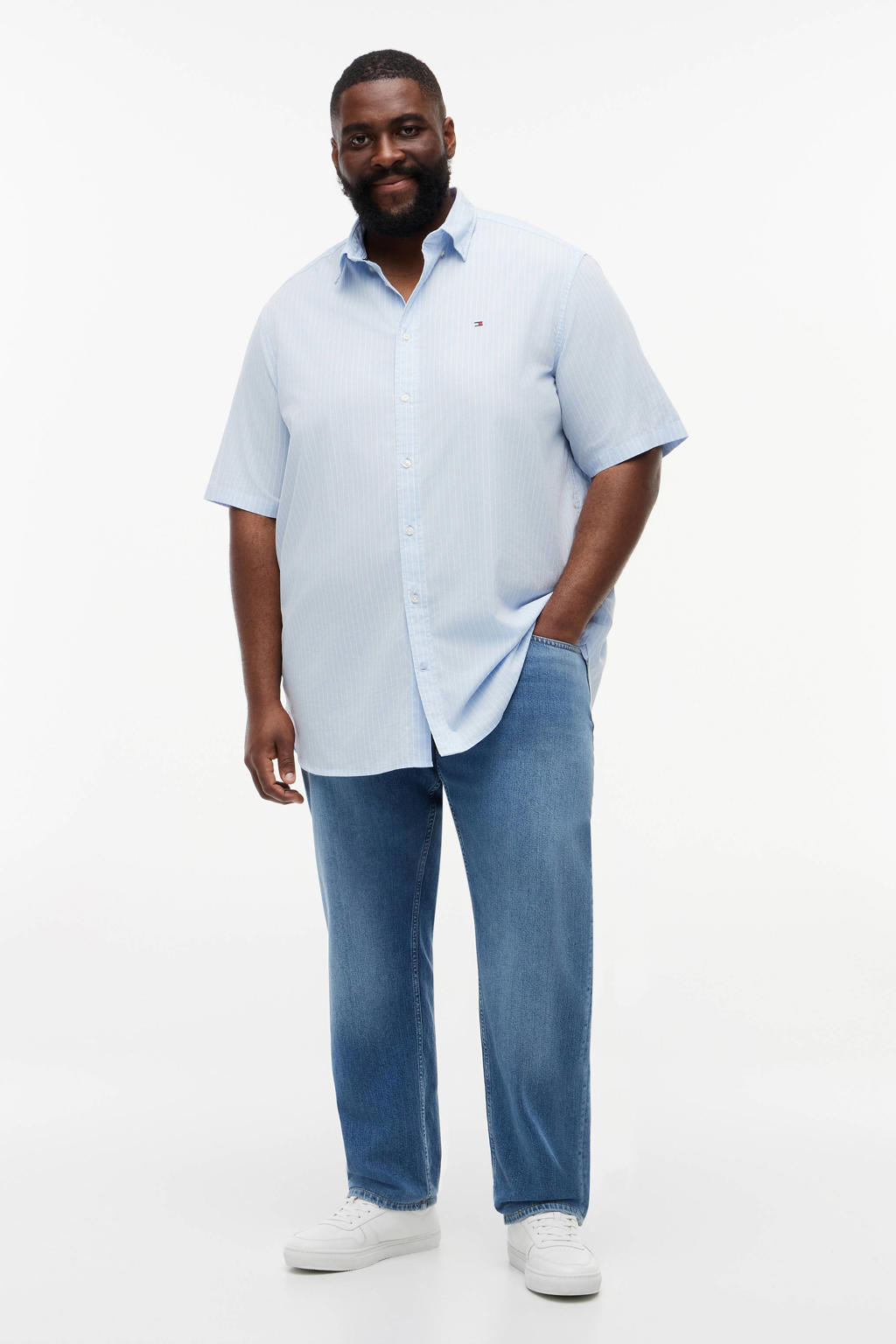Lichtblauwe heren Tommy Hilfiger Big & Tall regular gestreept casual overhemd van katoen met korte mouwen en button down sluiting