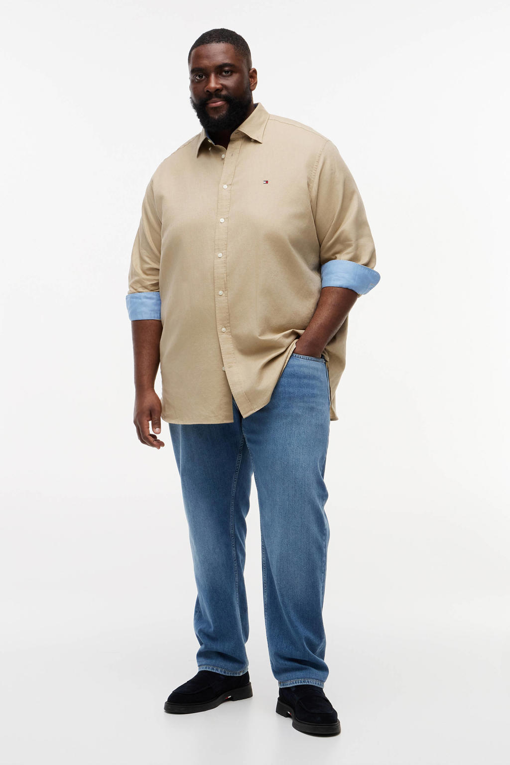 Beige heren Tommy Hilfiger Big & Tall regular casual overhemd van linnen met effen, lange mouwen en button down sluiting