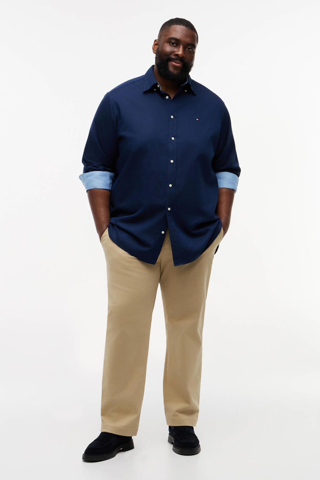 Donkerblauwe heren Tommy Hilfiger Big & Tall regular casual overhemd van linnen met effen, lange mouwen en button down sluiting
