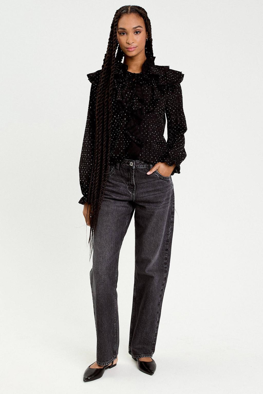 Zwarte dames Cache Cache blouse van polyester met lange mouwen, klassieke kraag, knoopsluiting en ruches