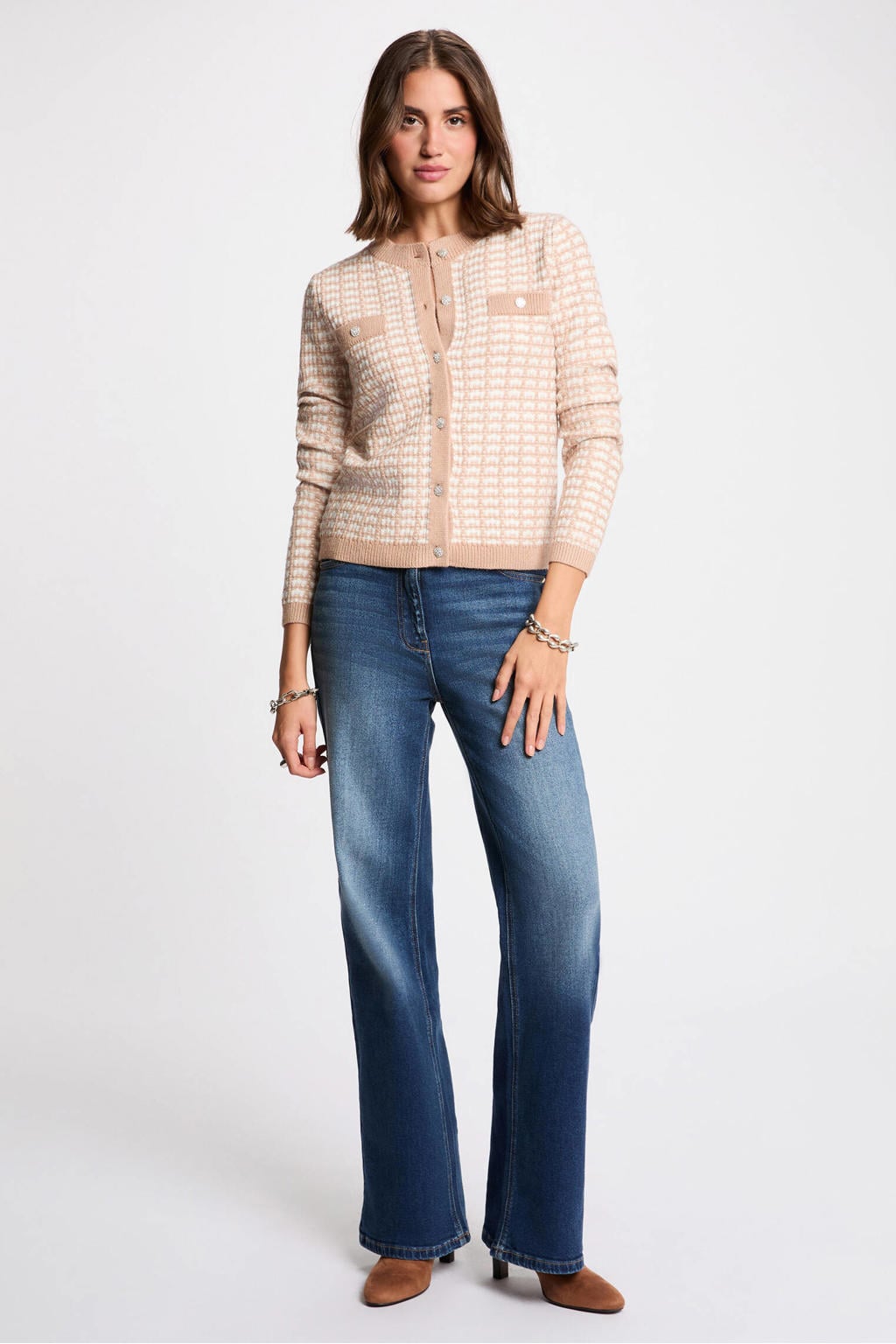 Taupe en ecru dames Morgan vest van polyamide met lange mouwen, ronde hals, knoopsluiting en ingebreid patroon
