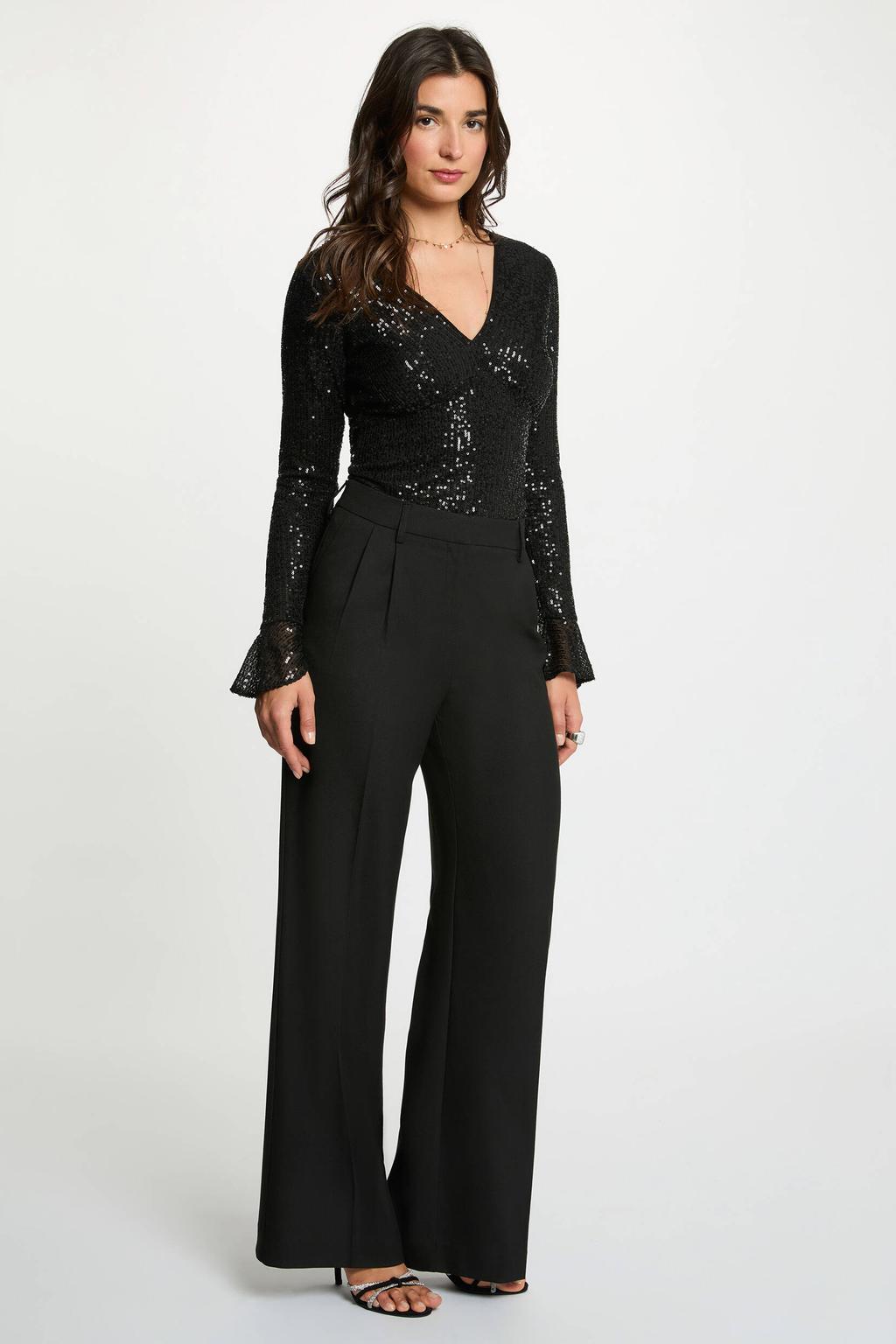 Zwarte dames Morgan top van polyester met effen, lange mouwen, V-hals en pailletten