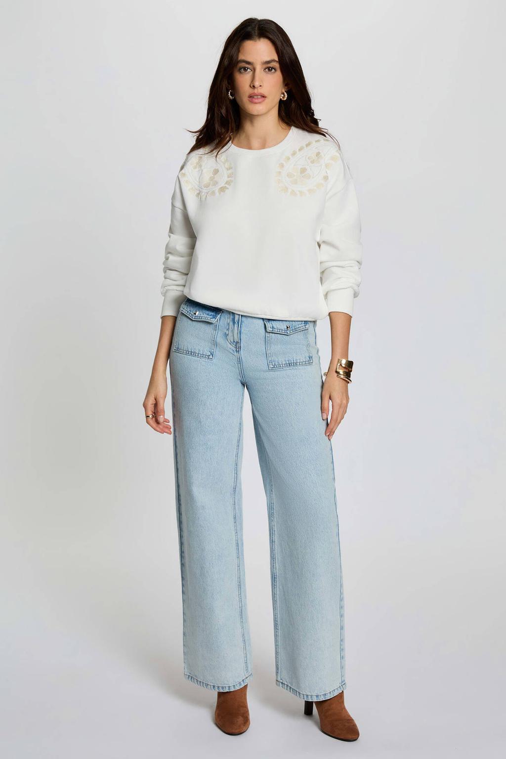 Ecru dames Morgan sweater broderie van katoen met effen, lange mouwen en ronde hals