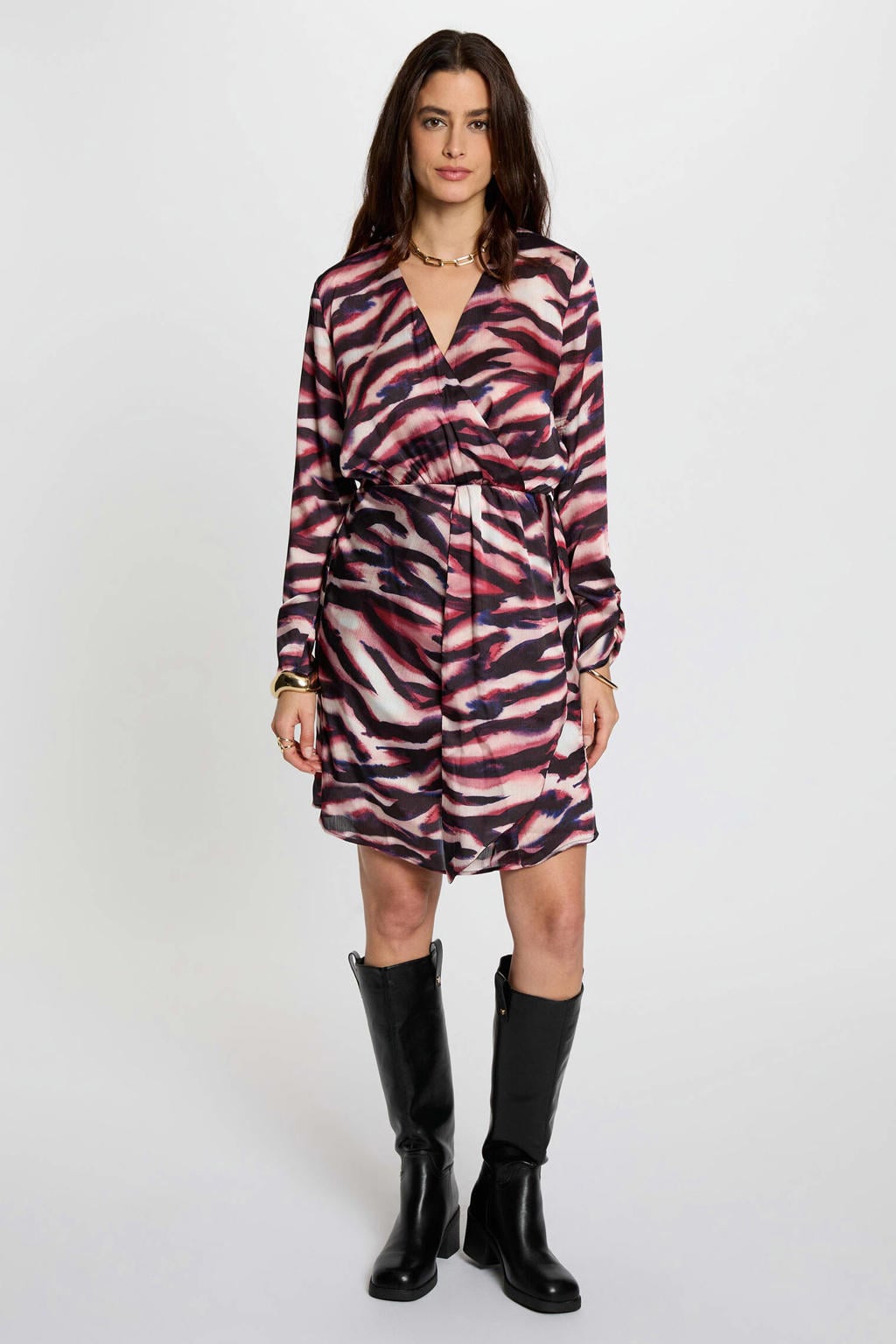 Zwart en roze dames Morgan korte jurk van polyester met dierenprint, lange mouwen, overslagkraag en elastische inzet