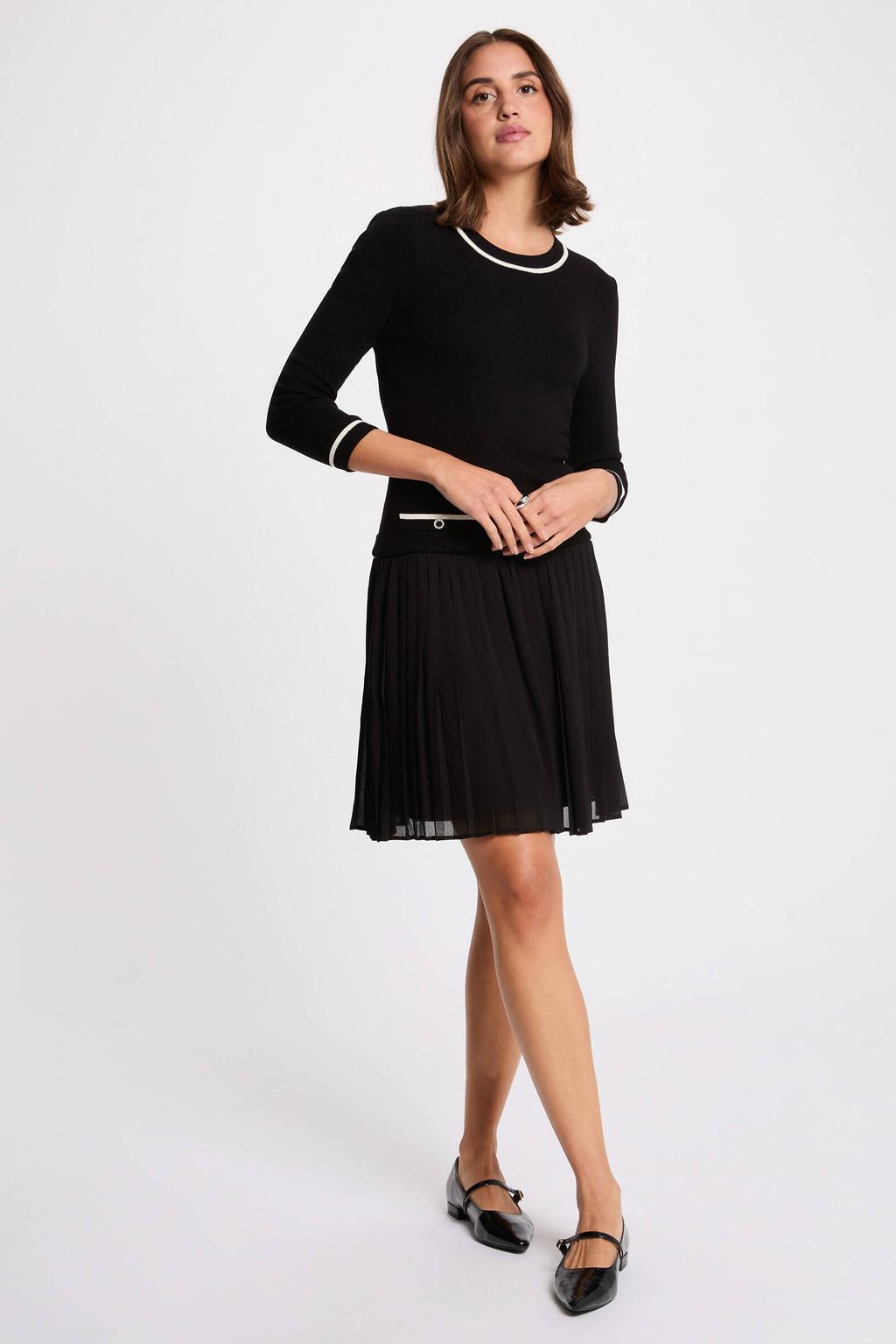 Zwart en ecru dames Morgan jurk van viscose met effen, driekwart mouwen, ronde hals en contrast bies