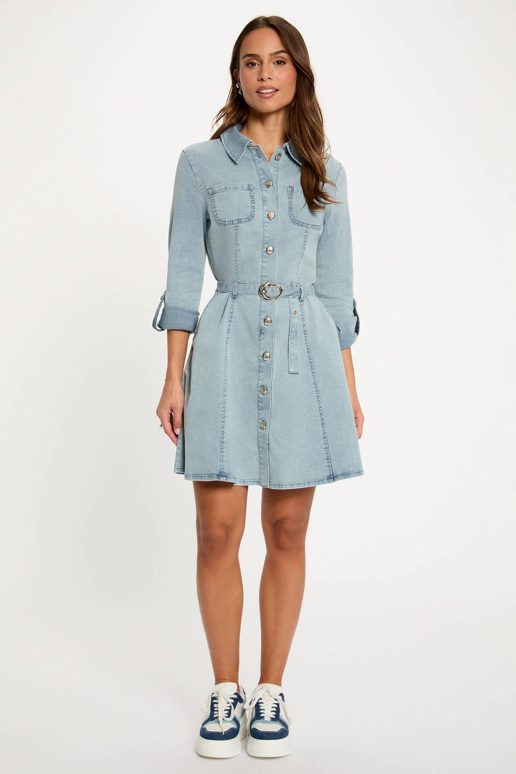 Light blue denim dames Morgan A-lijn jurk van denim met effen, lange mouwen, klassieke kraag en knoopsluiting