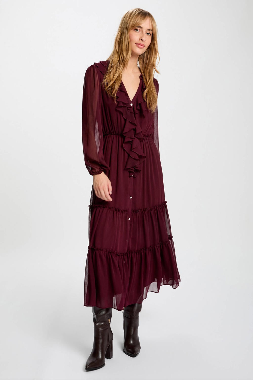 Donkerrode dames Morgan midi jurk van polyester met effen, lange mouwen, ronde hals, knoopsluiting en plooien