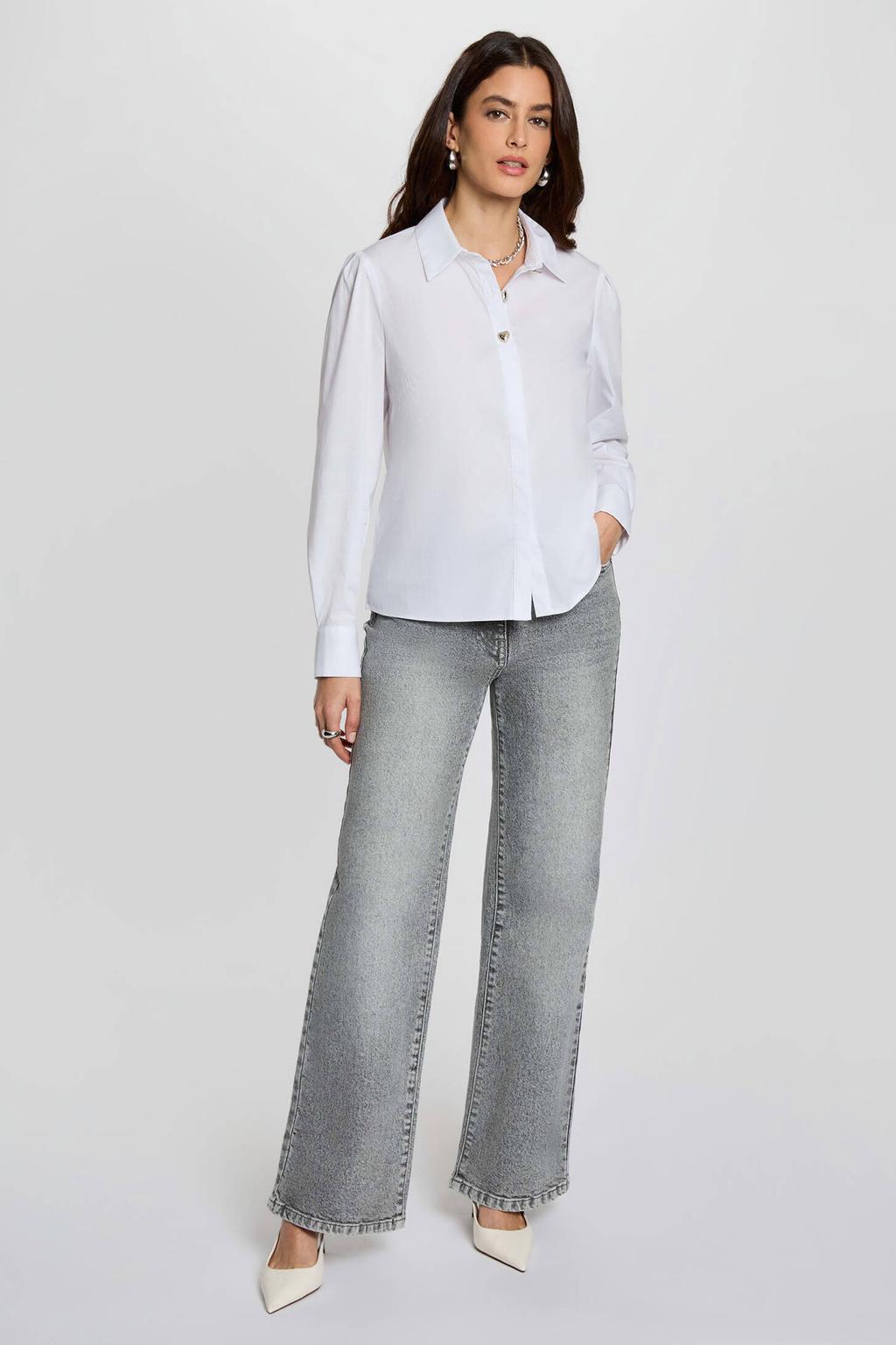 Witte dames Morgan blouse van katoen met effen, lange mouwen, klassieke kraag, knoopsluiting en sierknopen