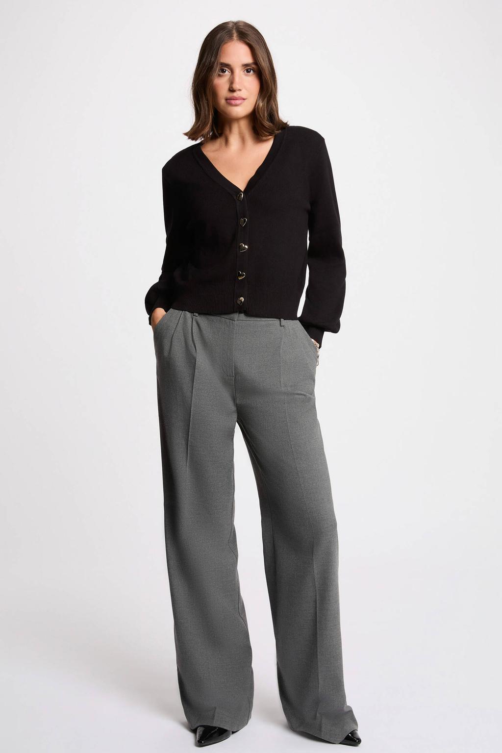 Zwarte dames Morgan vest fijn gebreid van viscose met effen, lange mouwen, V-hals en knoopsluiting