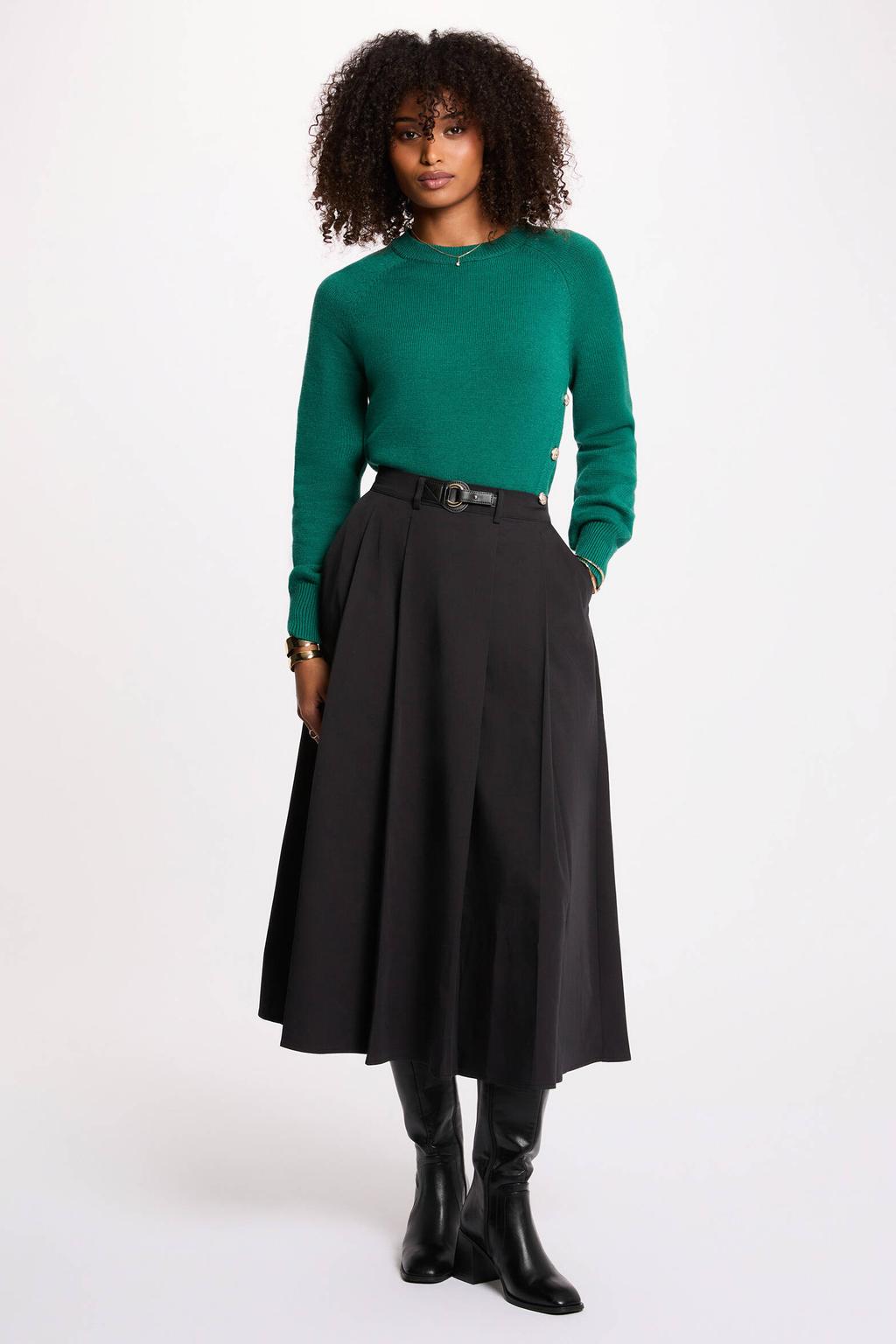 Groene dames Morgan pullover van wol met effen, lange mouwen, ronde hals en knoopdetail