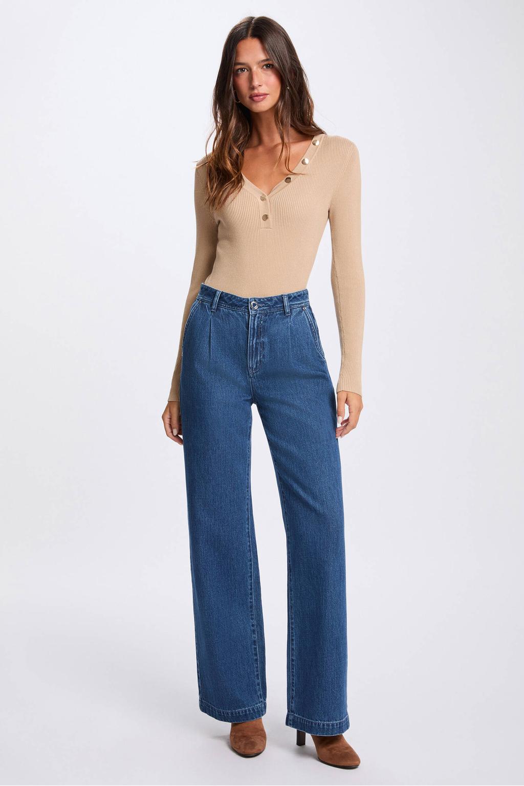 Lichtbruine dames Morgan top rib gebreid van viscose met effen, lange mouwen en V-hals