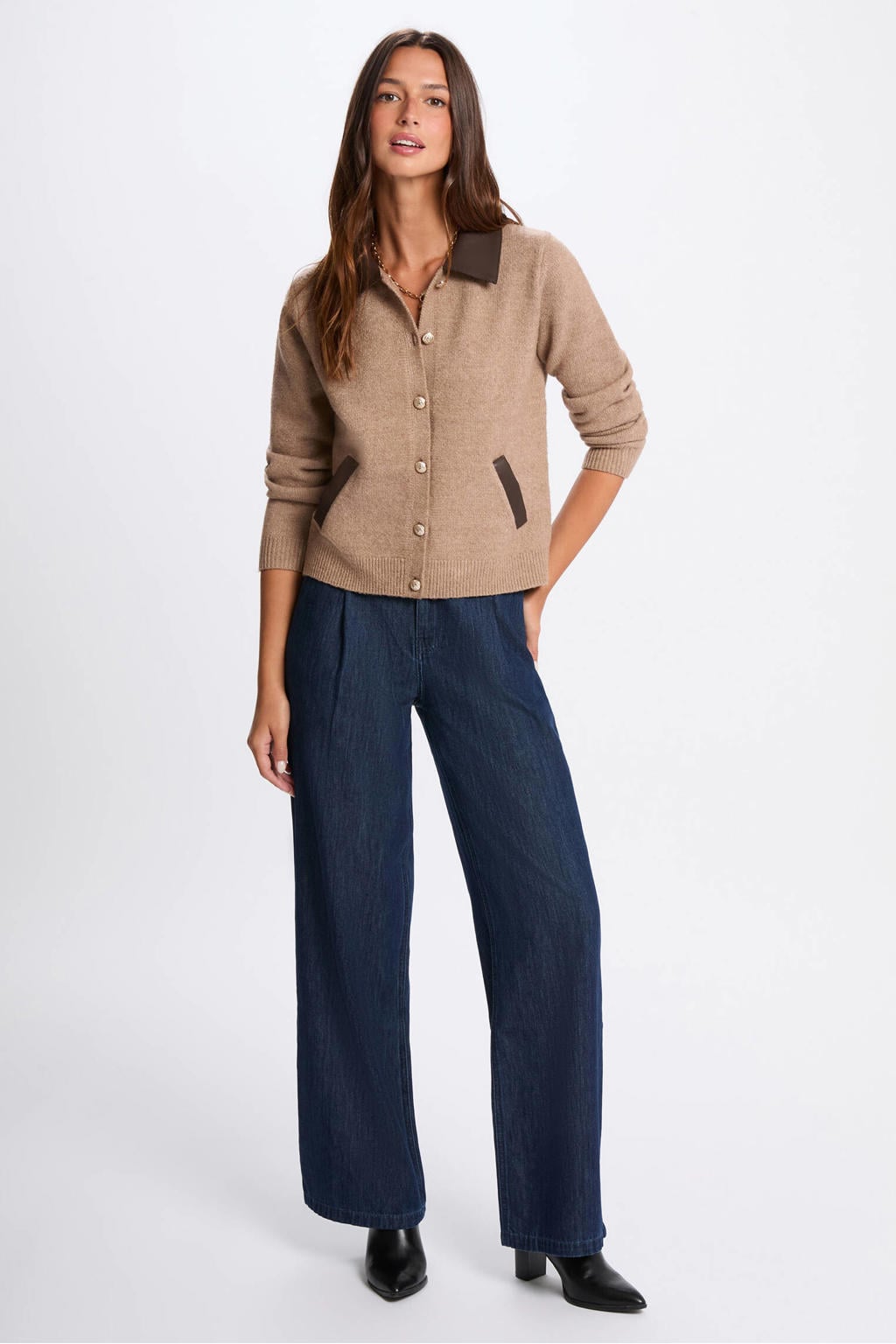Lichtbruin en donkerblauwe dames Morgan gebreid vest met effen, lange mouwen, klassieke kraag en knoopsluiting