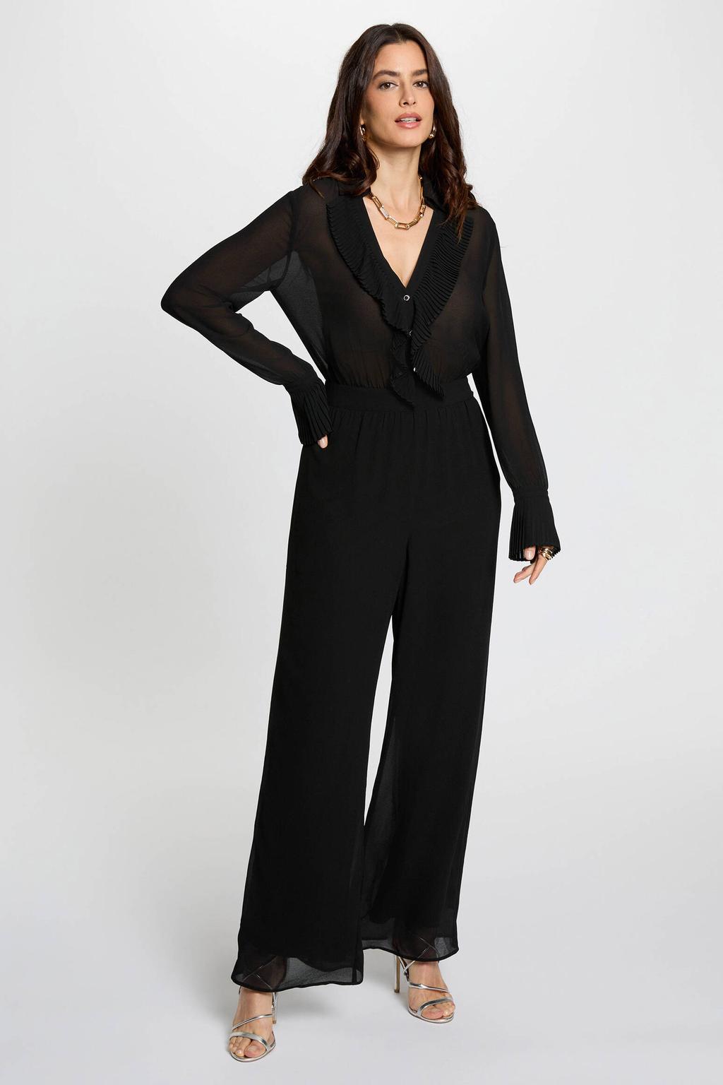 Zwarte dames Morgan jumpsuit van polyester met effen, lange mouwen, V-hals, knoopsluiting en ruches