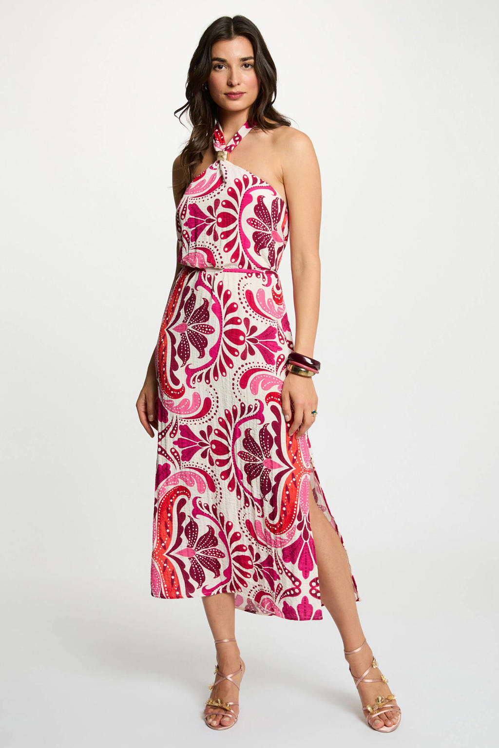 Ecru en roze dames Morgan halterjurk van viscose met paisley print, striksluiting en ceintuur