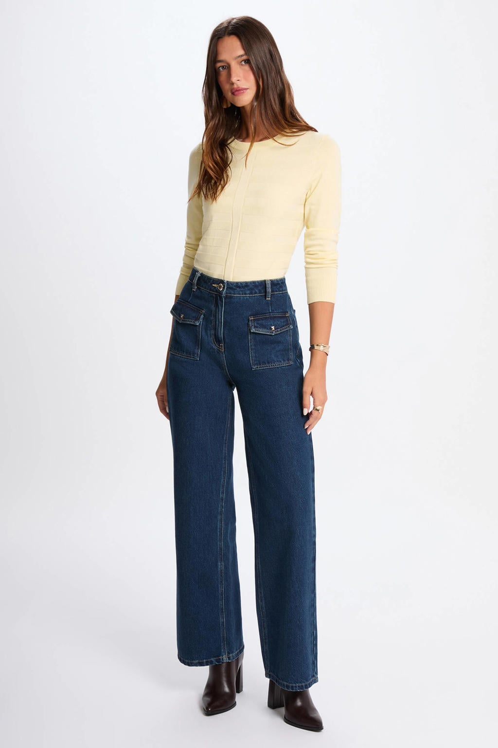 Lichtgele dames Morgan trui van viscose met effen, lange mouwen, ronde hals en ingebreid patroon