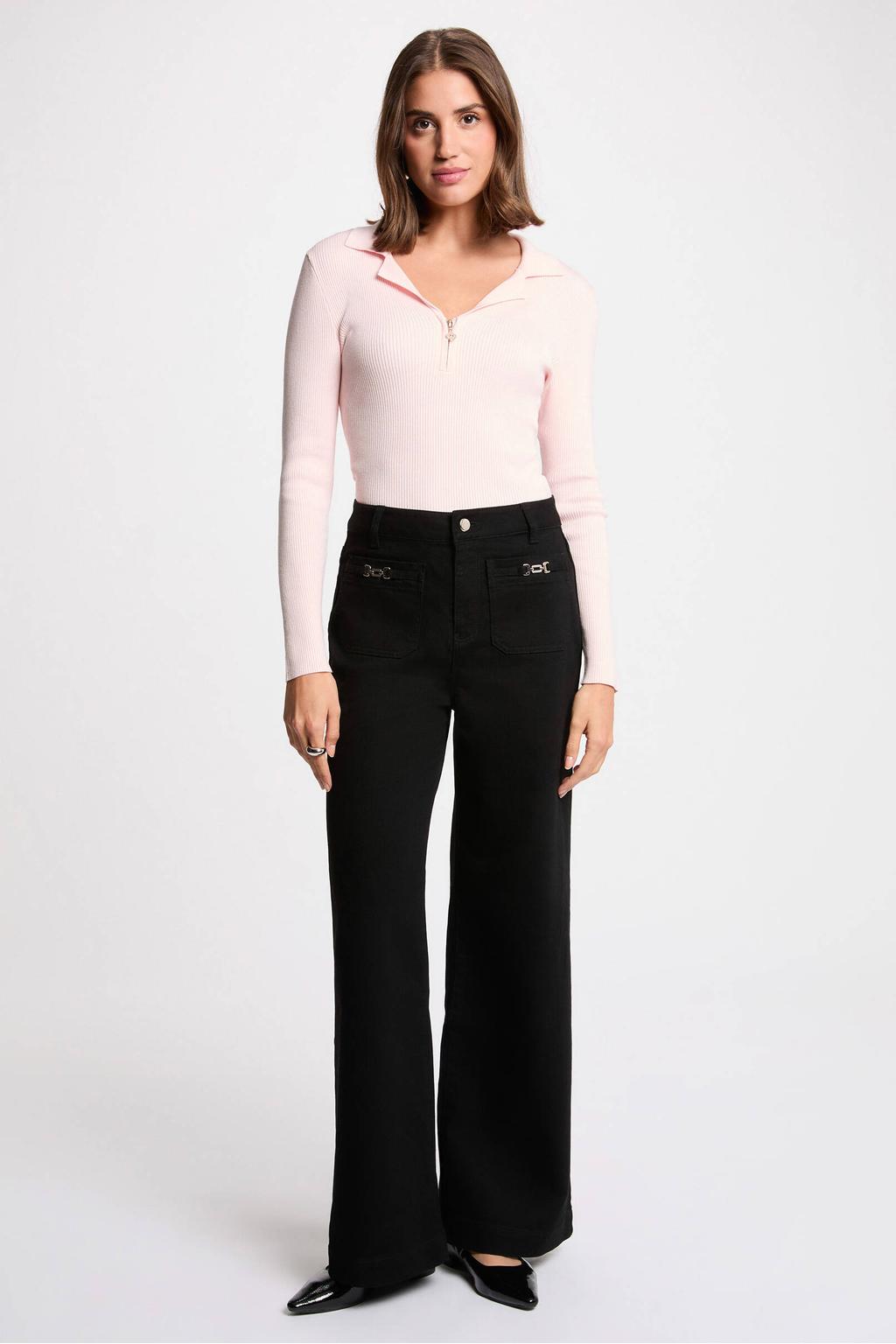 Lichtroze dames Morgan pullover van viscose met effen, lange mouwen, reverskraag, ritssluiting en rib gebreide details