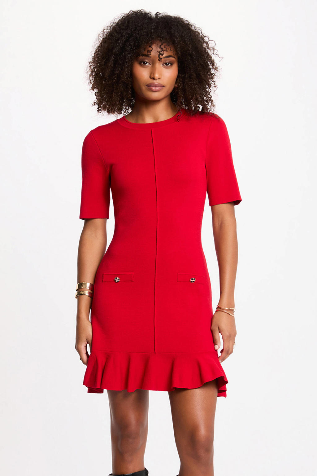 Rode dames Morgan mini jurk fijn gebreid van viscose met effen, korte mouwen en ronde hals