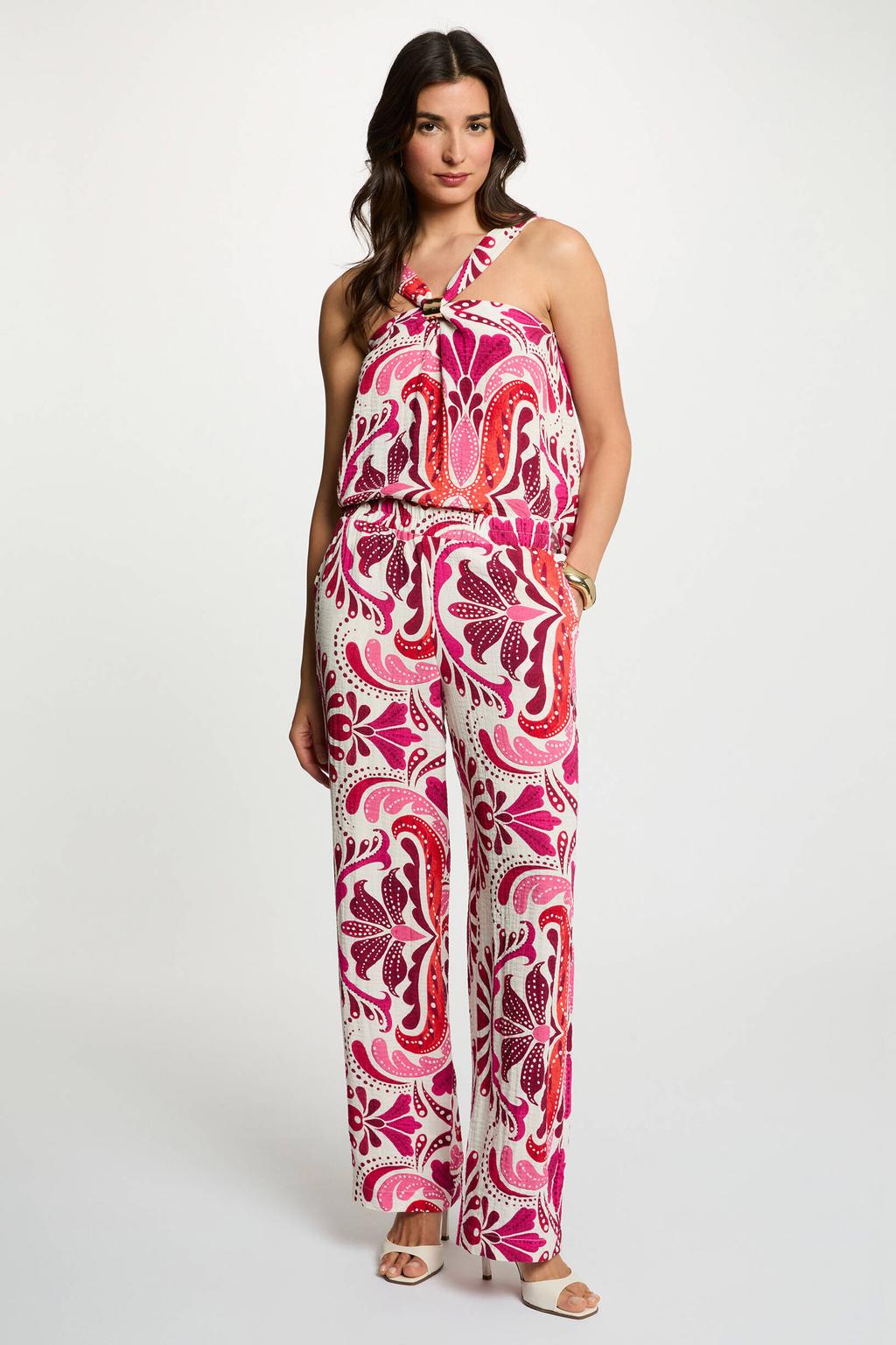 Ecru en roze dames Morgan mouwloze top print van viscose met paisley print, spaghettibandjes, halterkraag en elastische inzet