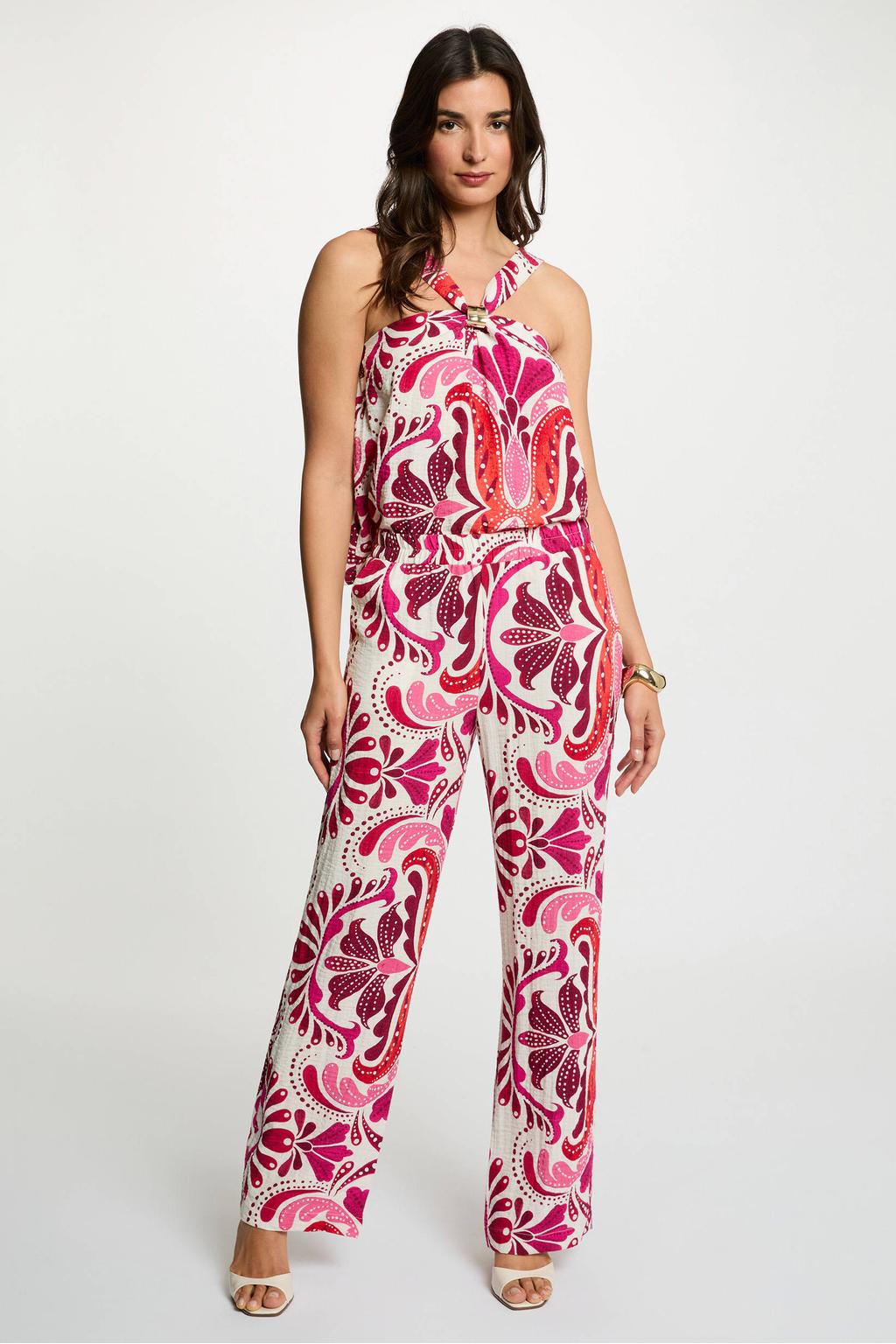 Ecru en roze dames Morgan straight regular waist casual broek print van viscose met elastische tailleband en paisley print