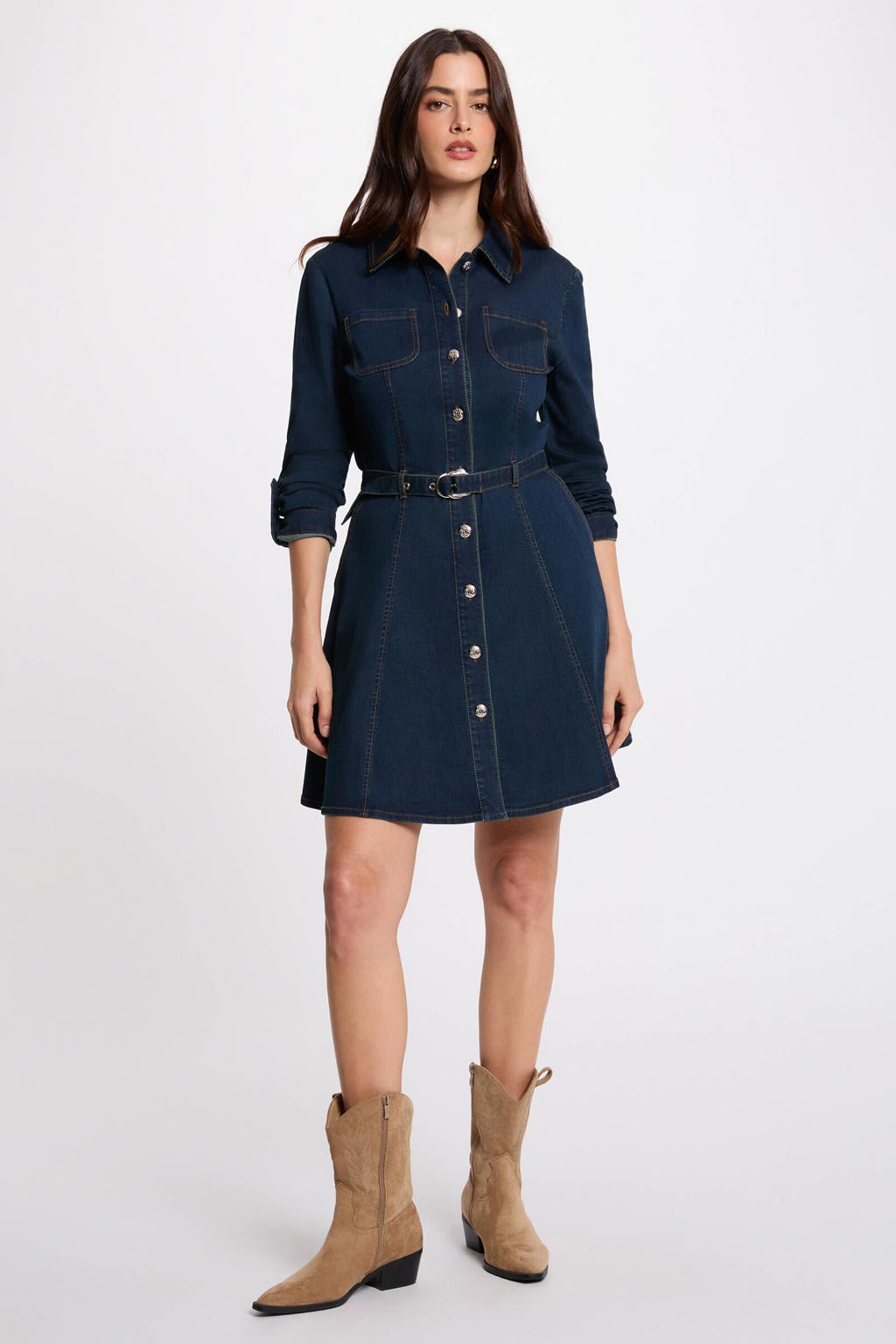 Dark blue denim dames Morgan A-lijn jurk dark blue van denim met effen, lange mouwen en klassieke kraag