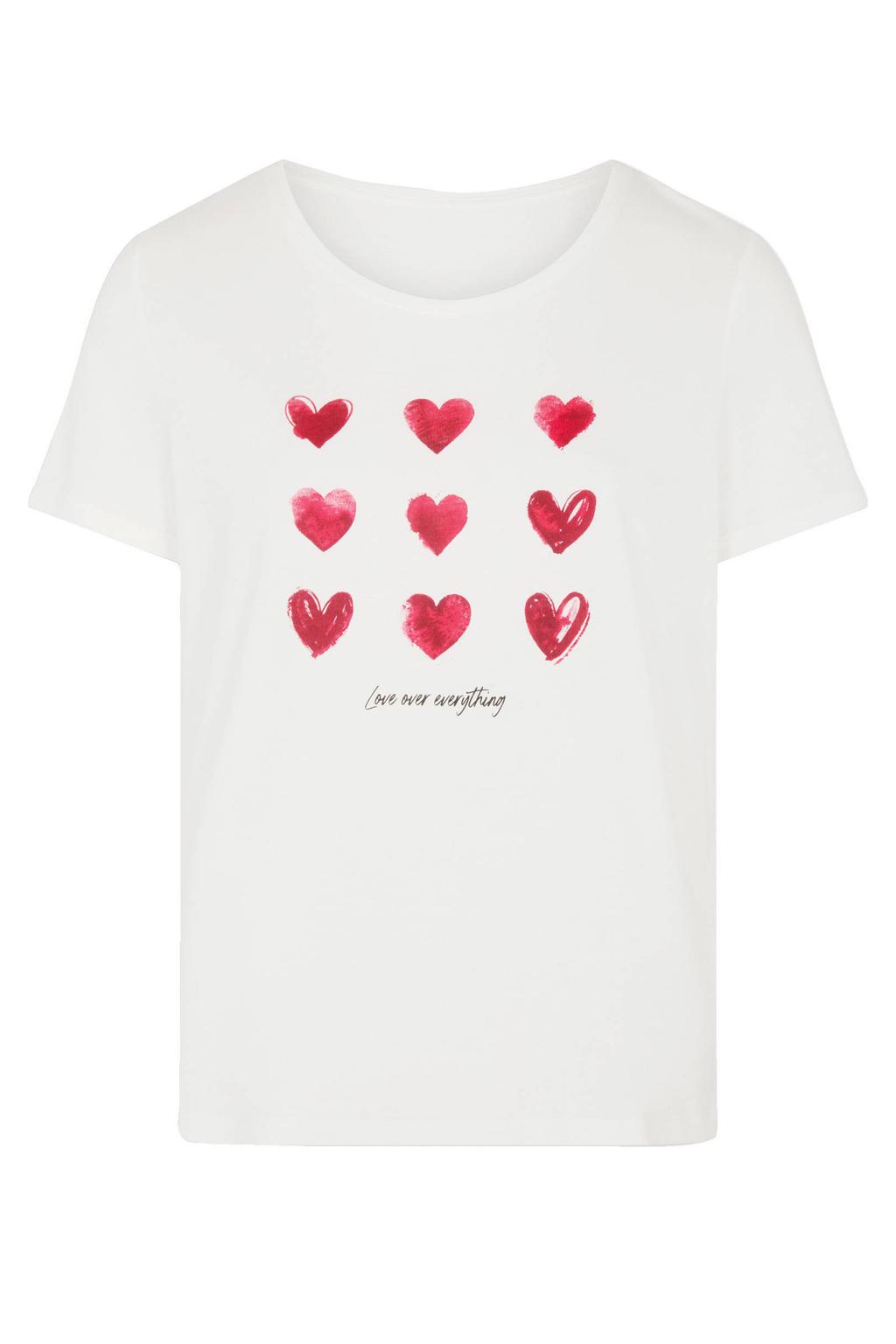 Wit en roze dames Morgan T-shirt van modal met hartjesprint, korte mouwen en ronde hals