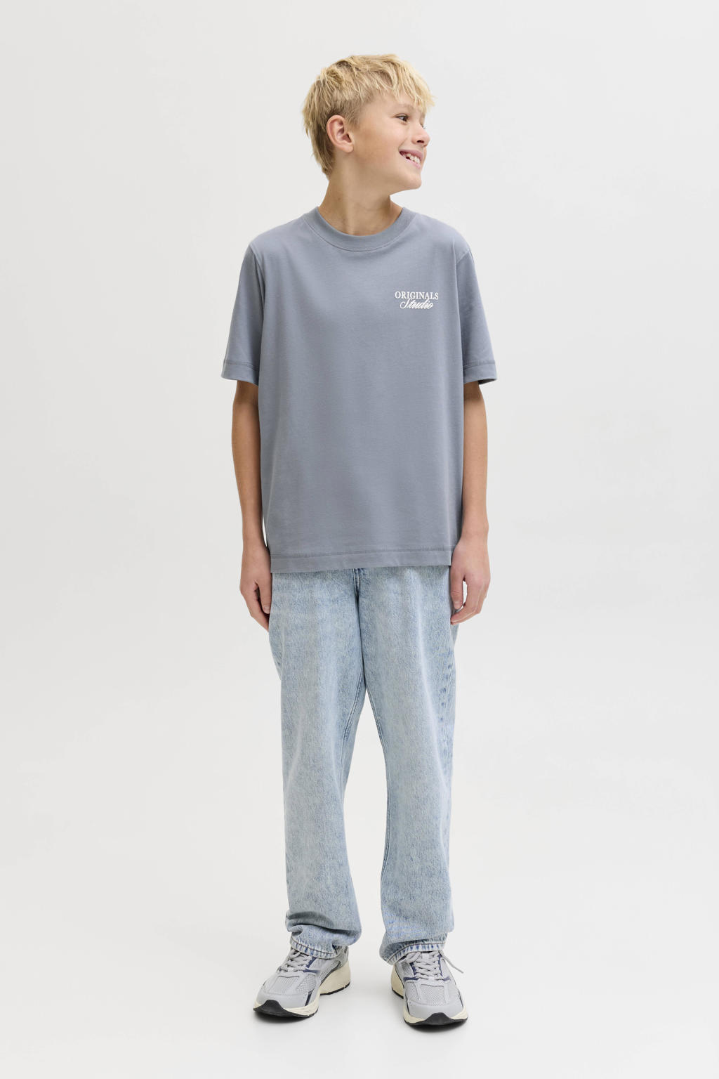 Lichtblauwe jongens JACK & JONES JUNIOR T-shirt van katoen met backprint, korte mouwen en ronde hals