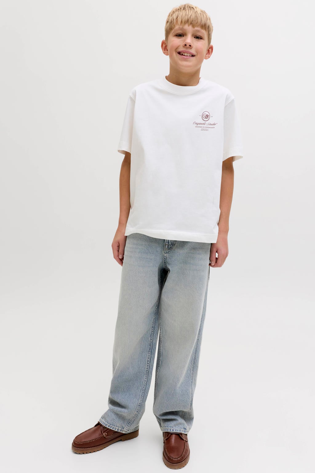 Light blue denim jongens JACK & JONES JUNIOR high waist baggy jeans van denim met rits- en knoopsluiting en effen