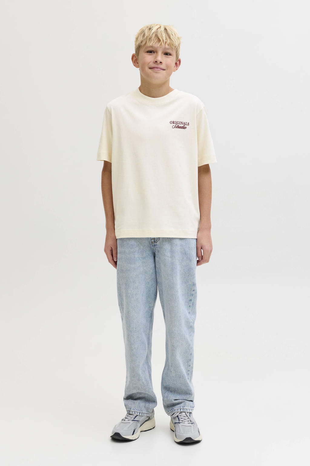 Ecru jongens JACK & JONES JUNIOR T-shirt van katoen met backprint, korte mouwen en ronde hals