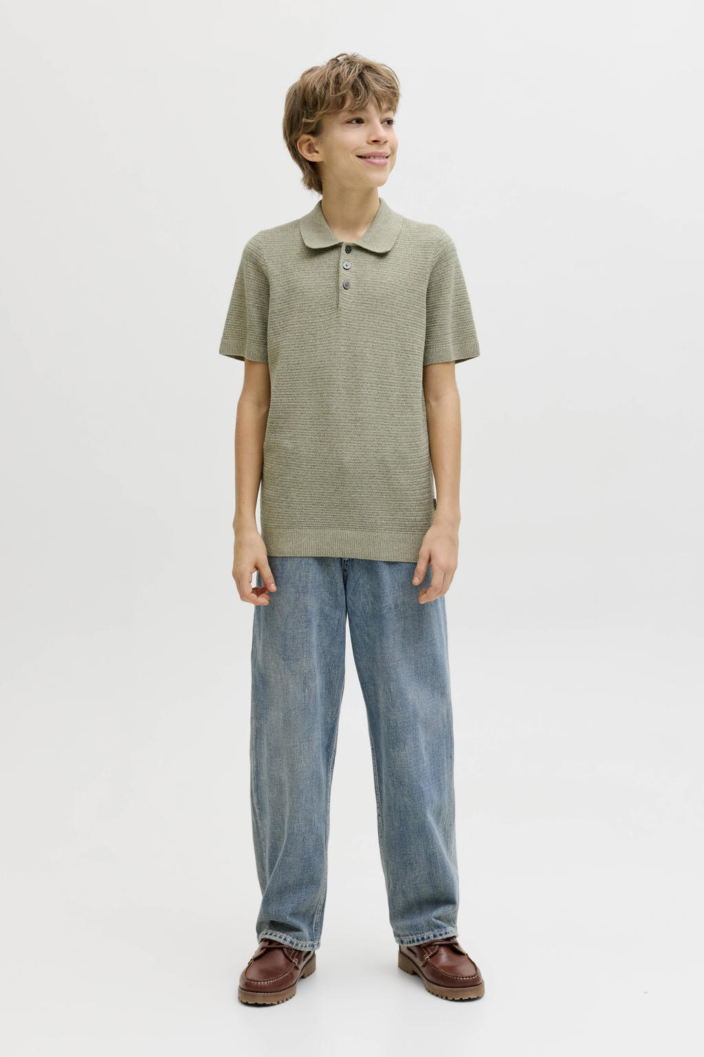Groene jongens JACK & JONES JUNIOR polo gebreid van katoen met effen, korte mouwen en knoopsluiting