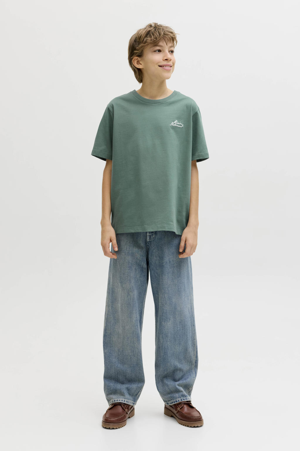 Groene jongens JACK & JONES JUNIOR T-shirt van katoen met backprint, korte mouwen en ronde hals