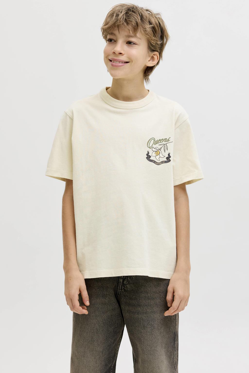 Ecru jongens JACK & JONES JUNIOR T-shirt van katoen met printopdruk, korte mouwen en ronde hals
