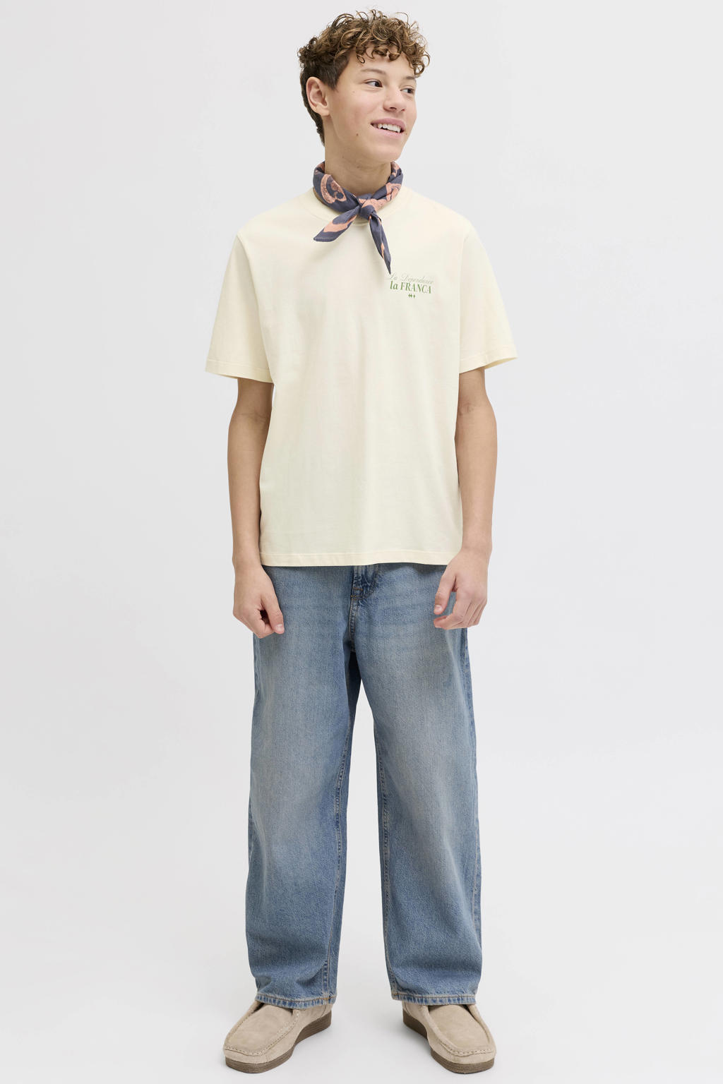 Ecru jongens JACK & JONES JUNIOR T-shirt van katoen met backprint, korte mouwen en ronde hals