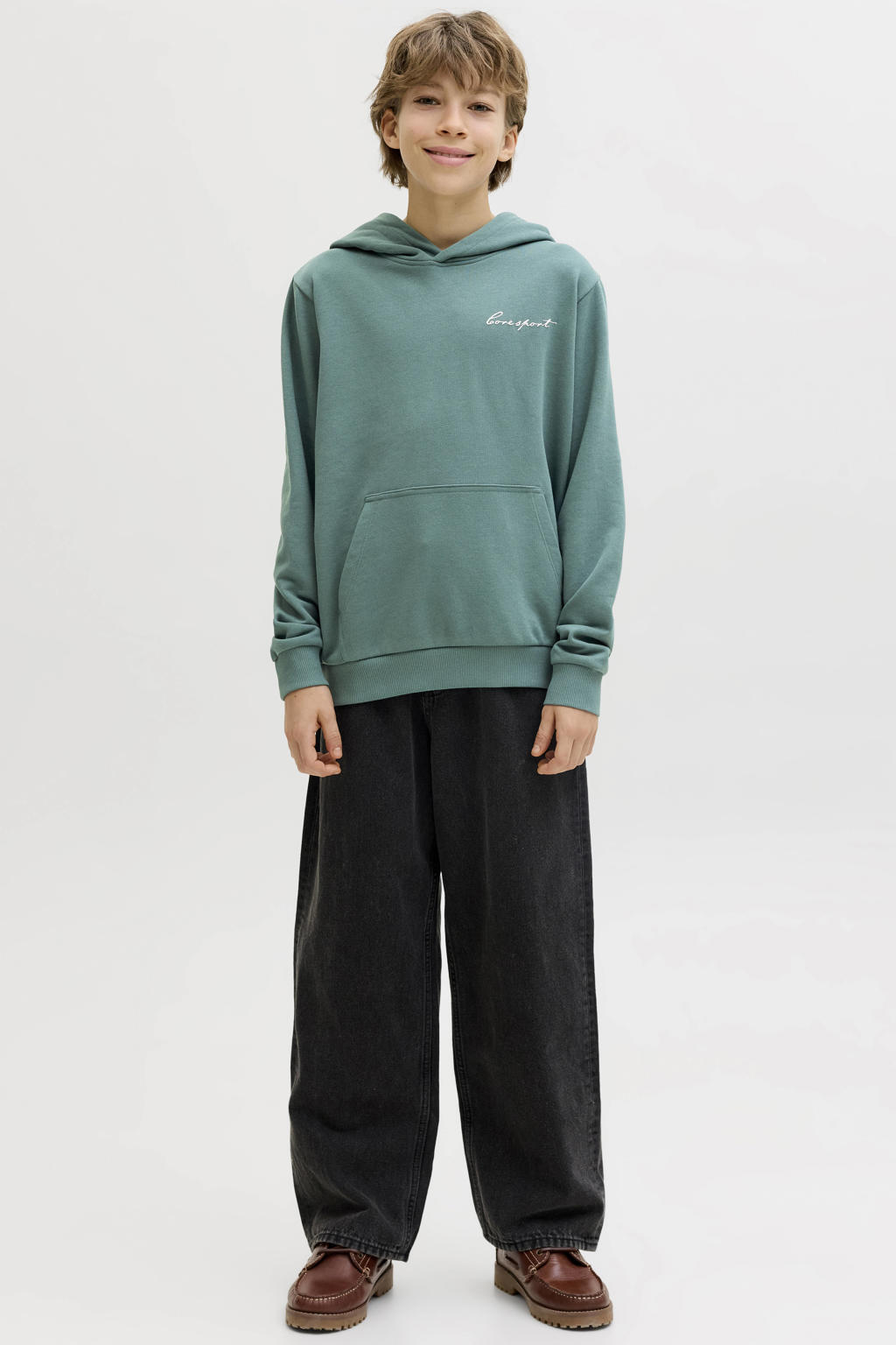 Groene jongens JACK & JONES JUNIOR hoodie van sweat materiaal met backprint, lange mouwen en capuchon