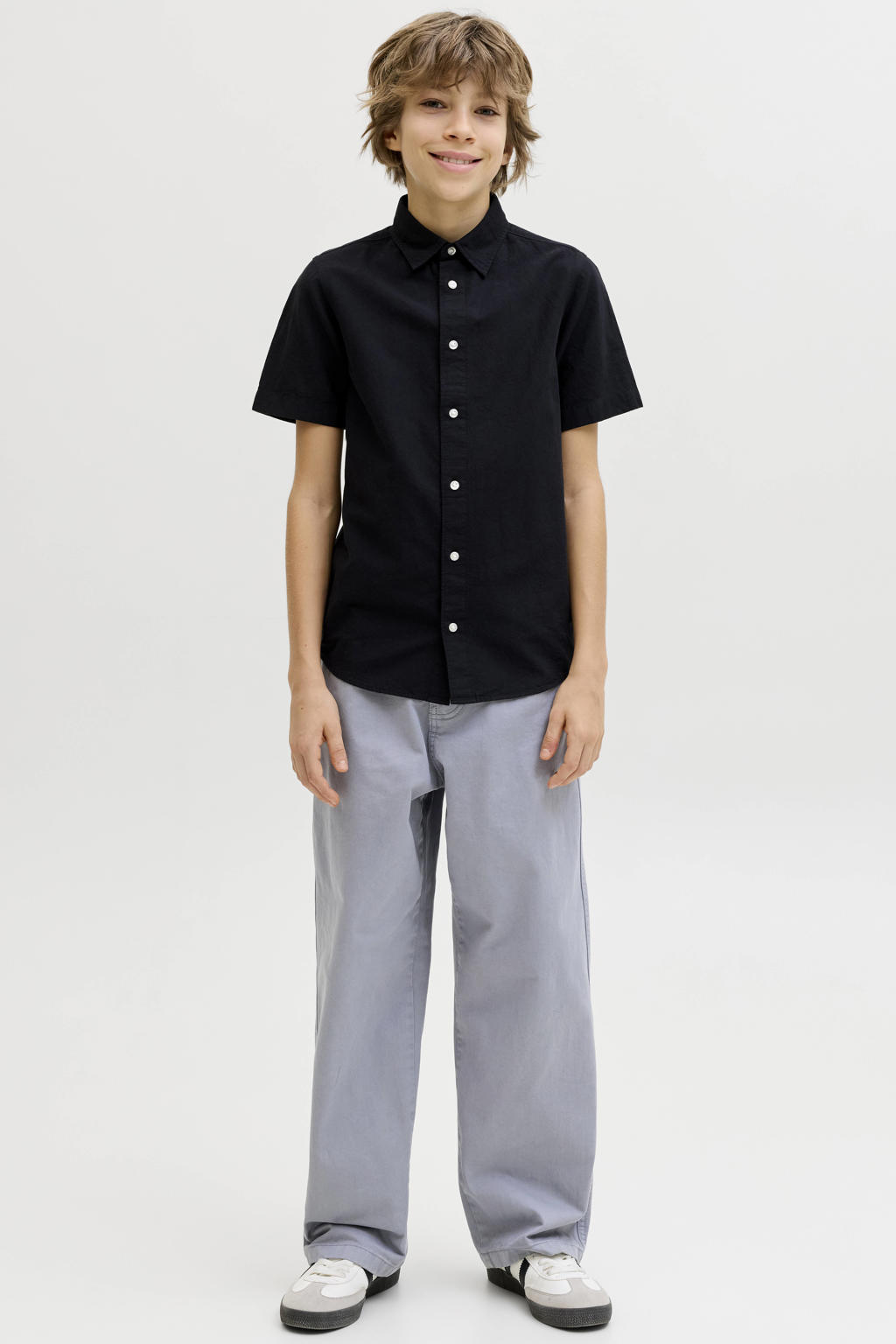 Grijze jongens JACK & JONES JUNIOR baggy casual broek van katoen met high waist, rits- en knoopsluiting en effen