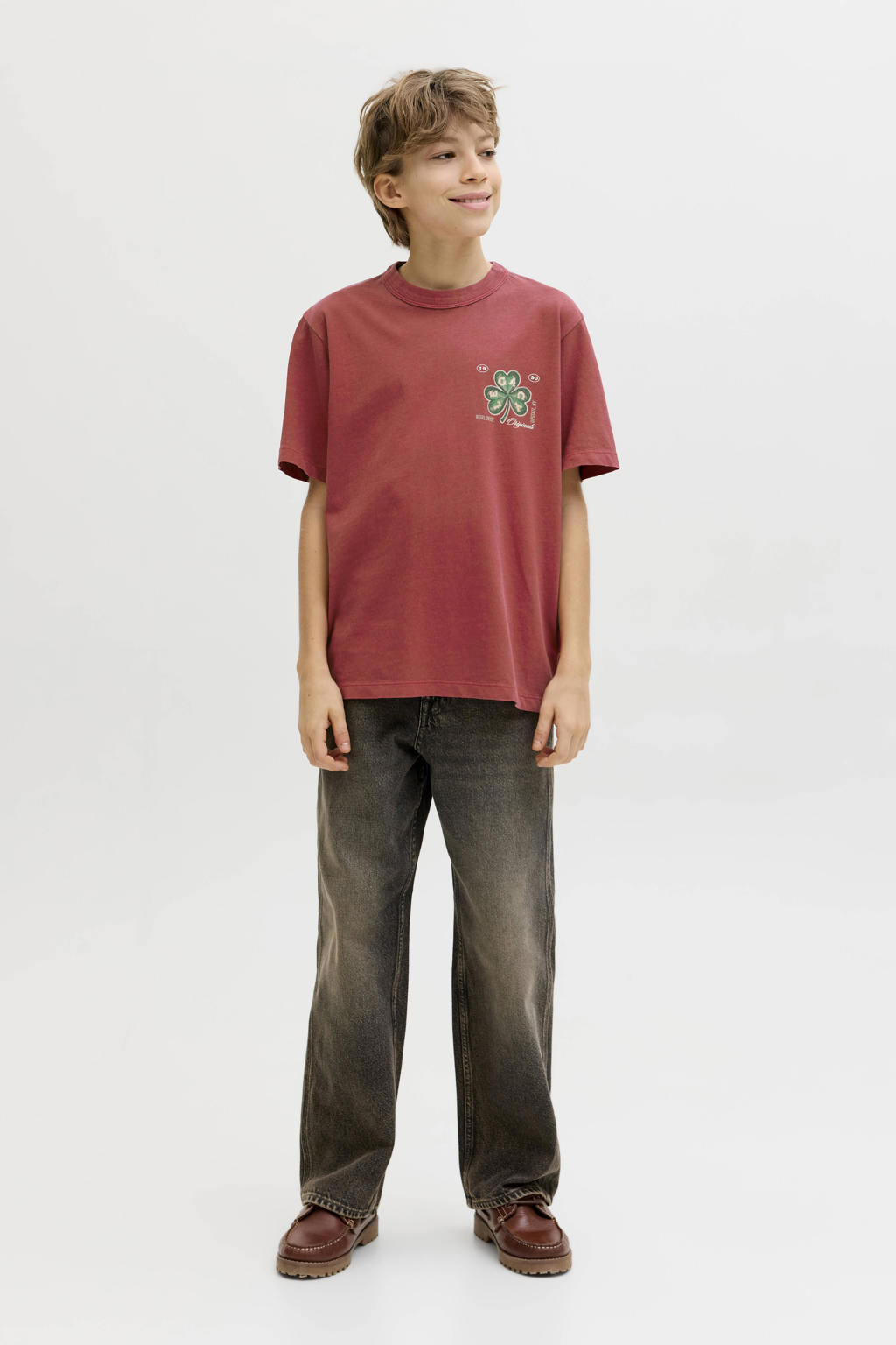 Rode jongens JACK & JONES JUNIOR T-shirt van katoen met printopdruk, korte mouwen en ronde hals