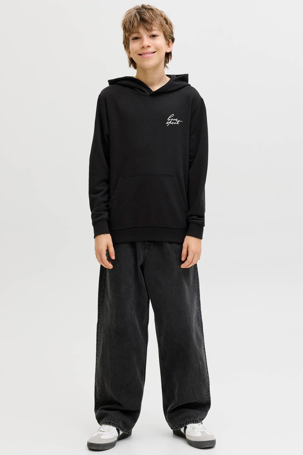 Zwarte jongens JACK & JONES JUNIOR hoodie van sweat materiaal met backprint, lange mouwen en capuchon