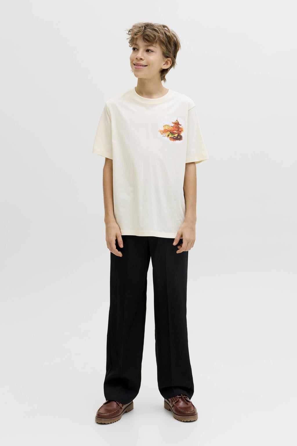 Witte jongens JACK & JONES JUNIOR T-shirt van katoen met backprint, korte mouwen en ronde hals