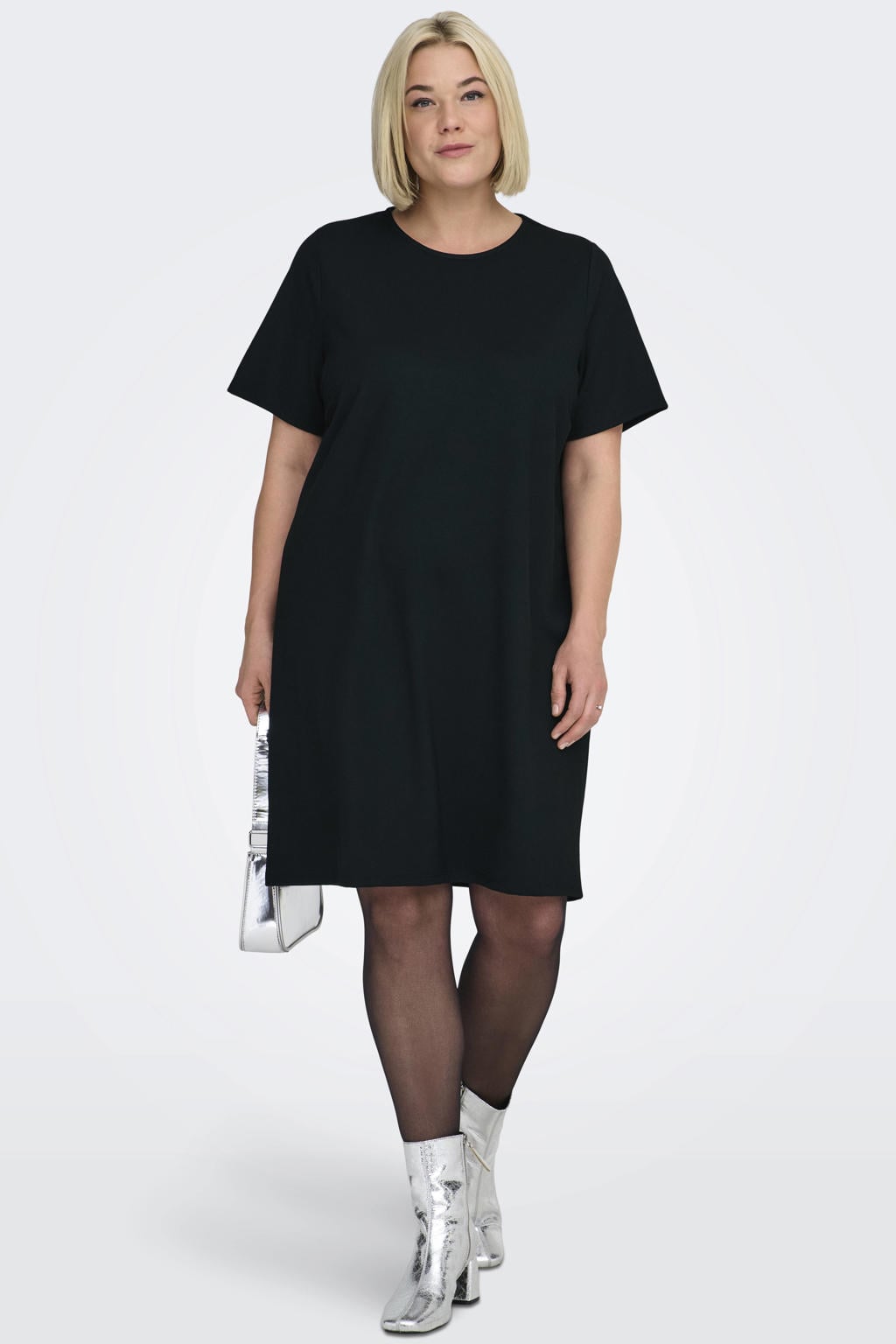 Zwarte dames ONLY CARMAKOMA jurk van polyester met effen, korte mouwen, ronde hals en striksluiting