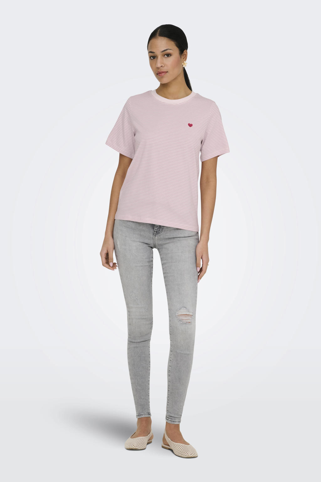 Lichtroze, wit en rode dames JDY T-shirt van katoen met effen, korte mouwen, ronde hals en borduursels