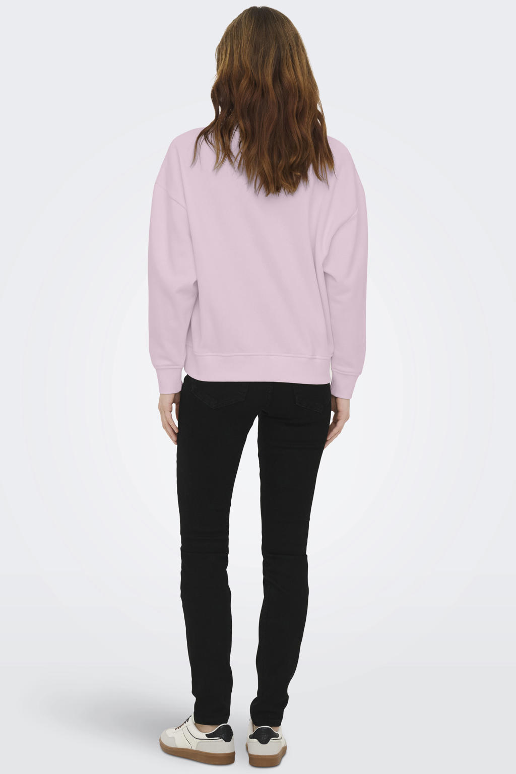 Lichtroze en witte dames JDY sweater van polyester met printopdruk, lange mouwen, ronde hals en borduursels