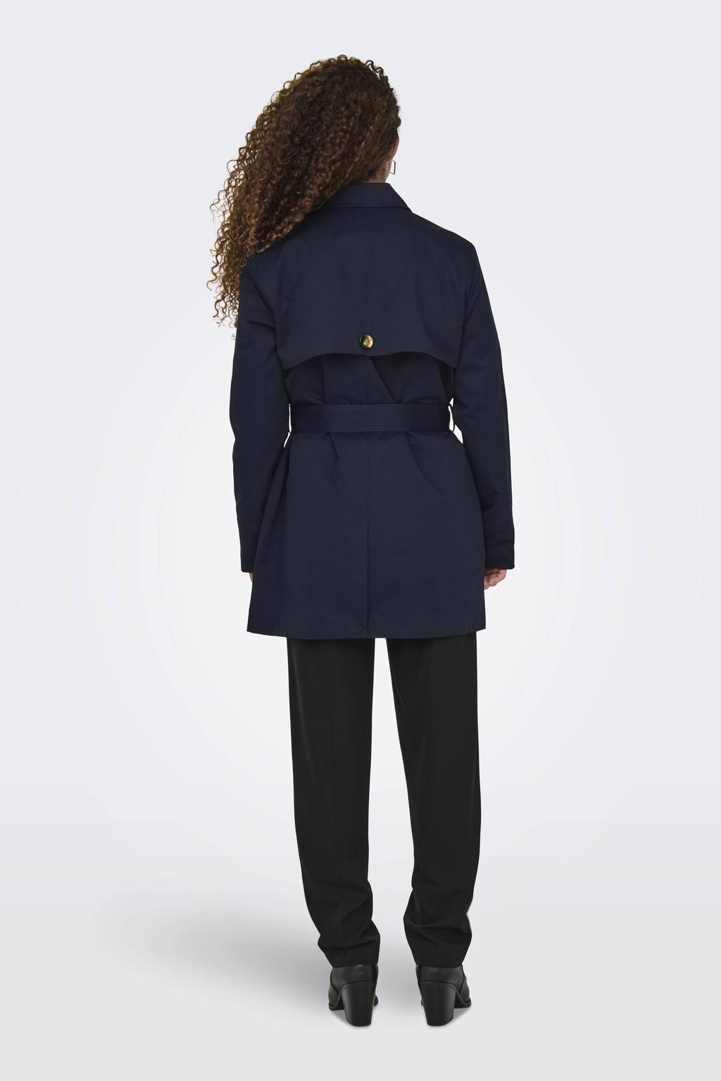 Donkerblauwe dames JDY trenchcoat van polyester met effen, lange mouwen, klassieke kraag, knoopsluiting en ceintuur