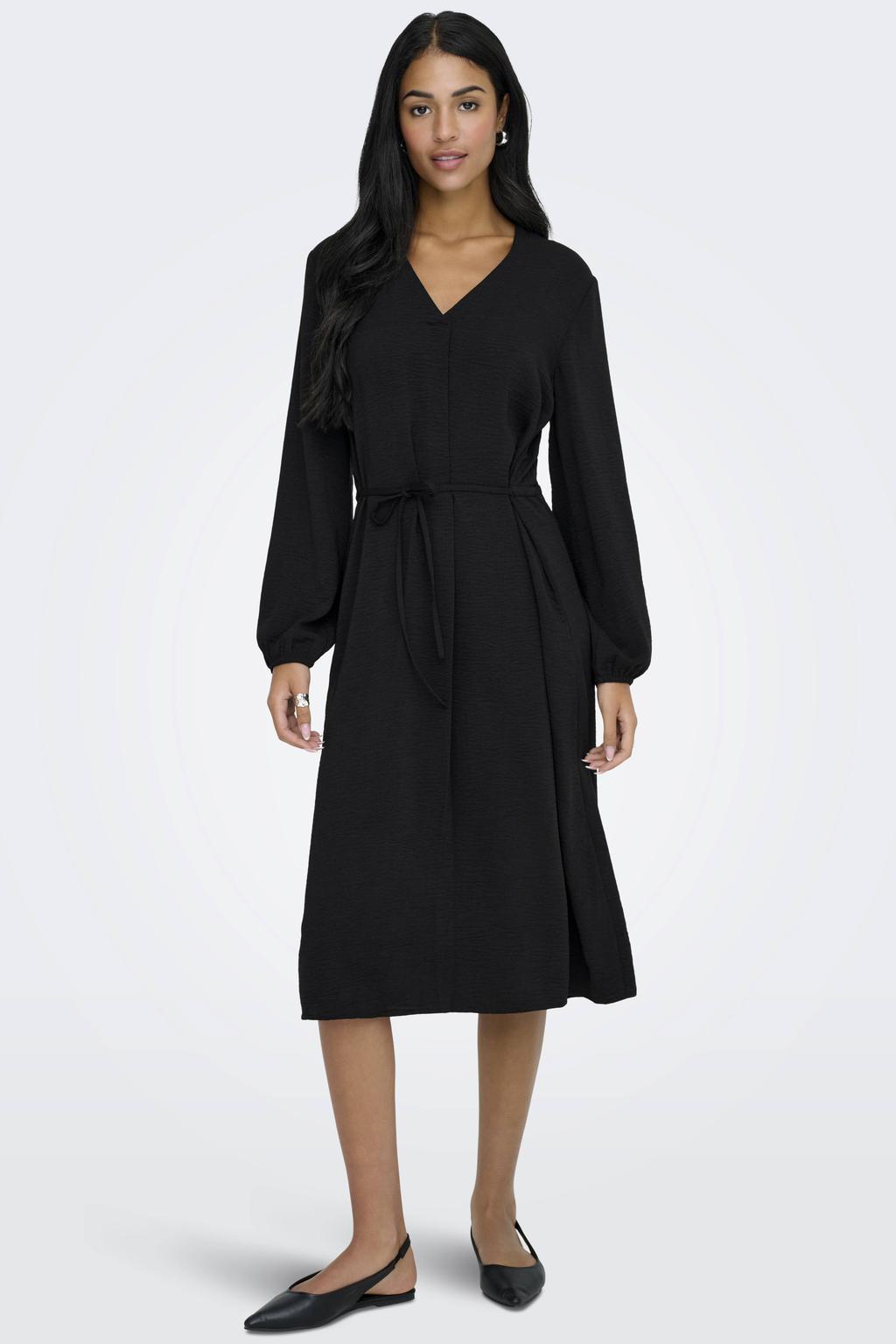 Zwarte dames JDY midi jurk van polyester met effen, lange mouwen en V-hals