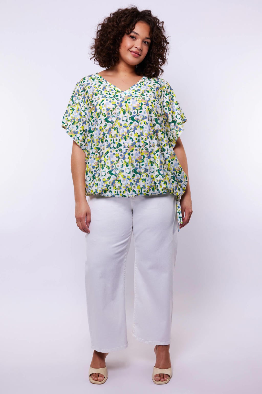 Witte dames Exxcellent wide leg regular waist broek van katoen met rits- en knoopsluiting en effen