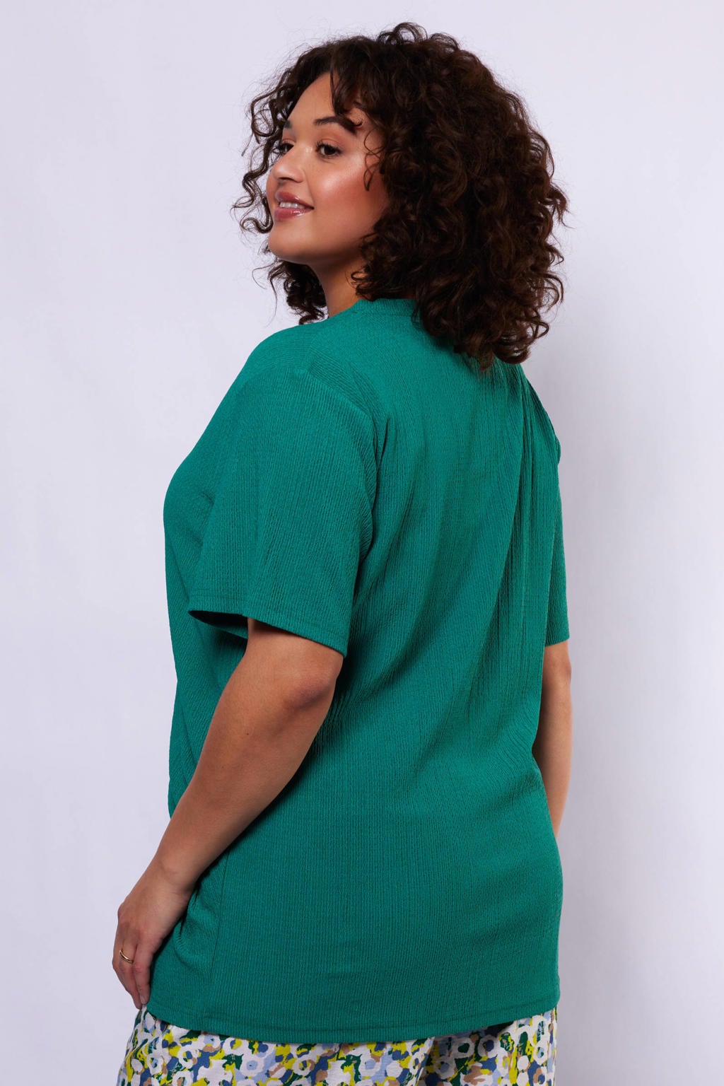 Petrolkleurige dames Exxcellent top Plus Size van polyester met effen, korte mouwen en rijgdetail