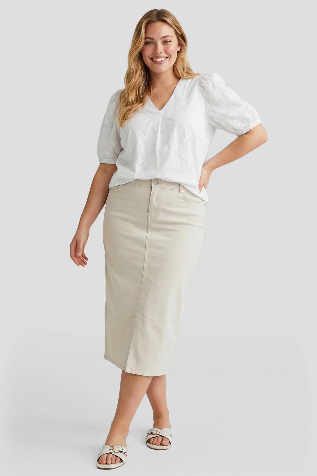 Witte dames Exxcellent spijkerrok gemaakt van denim en met rits- en knoopsluiting