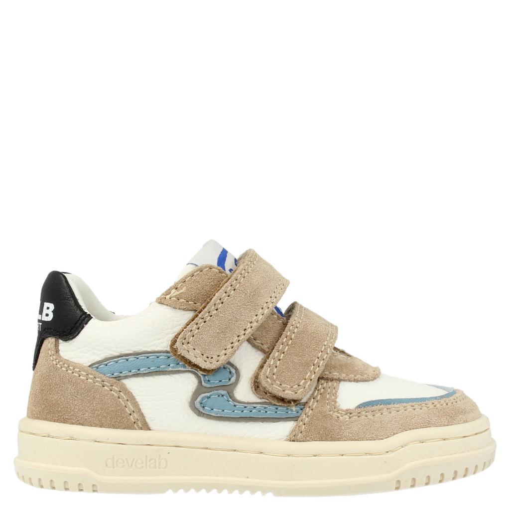 Beige en blauwe jongens Develab leren sneakers met rits- en vetersluiting