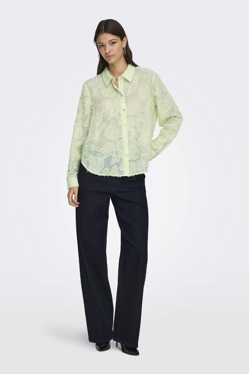 Lichtgroene dames JDY blouse van polyester met effen, lange mouwen, klassieke kraag, knoopsluiting en textuur