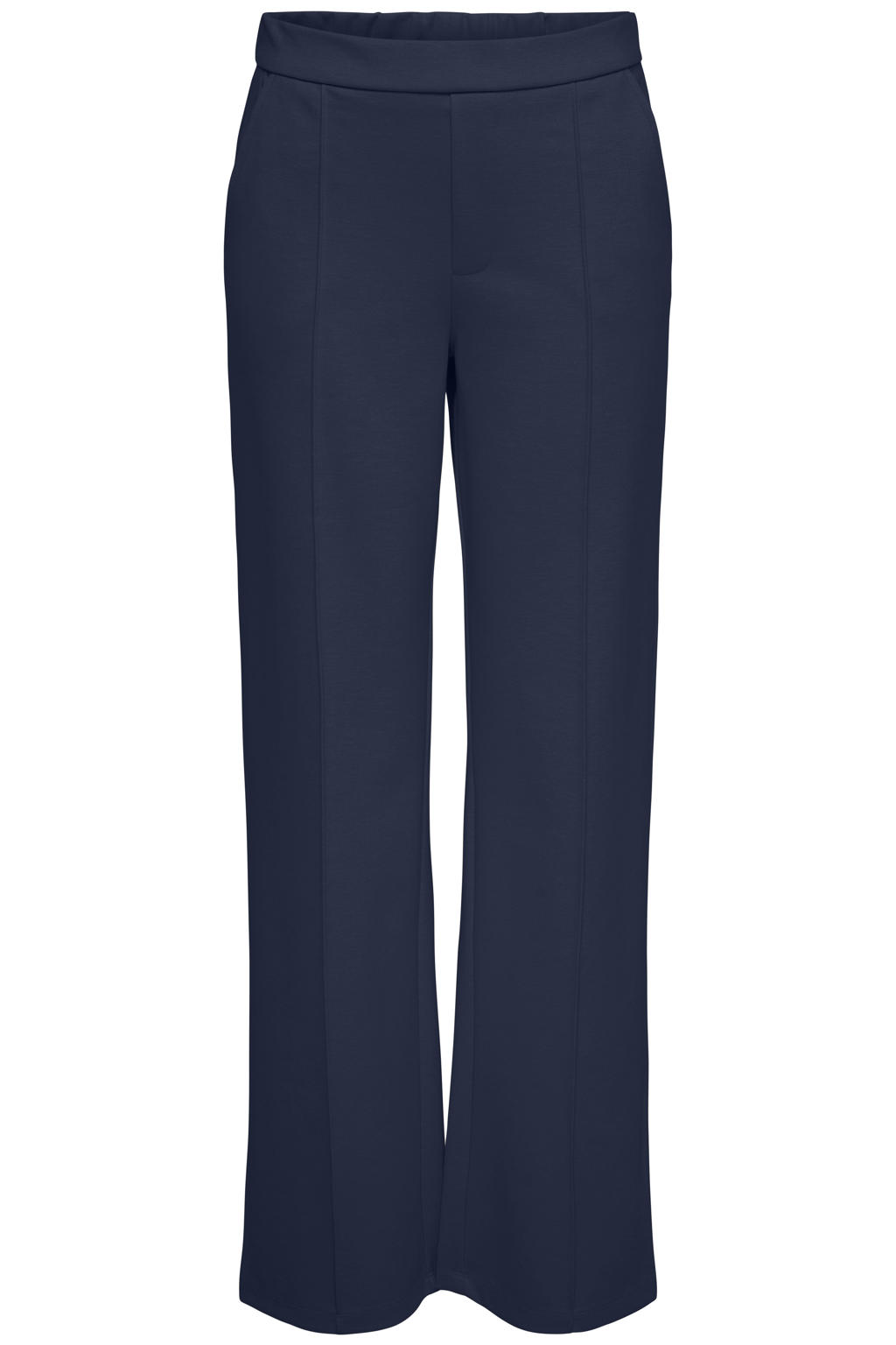 Donkerblauwe dames JDY straight high waist casual broek van polyester met elastische tailleband en effen