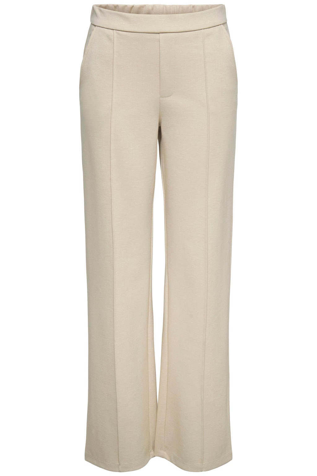 Beige dames JDY straight high waist casual broek van polyester met elastische tailleband en effen