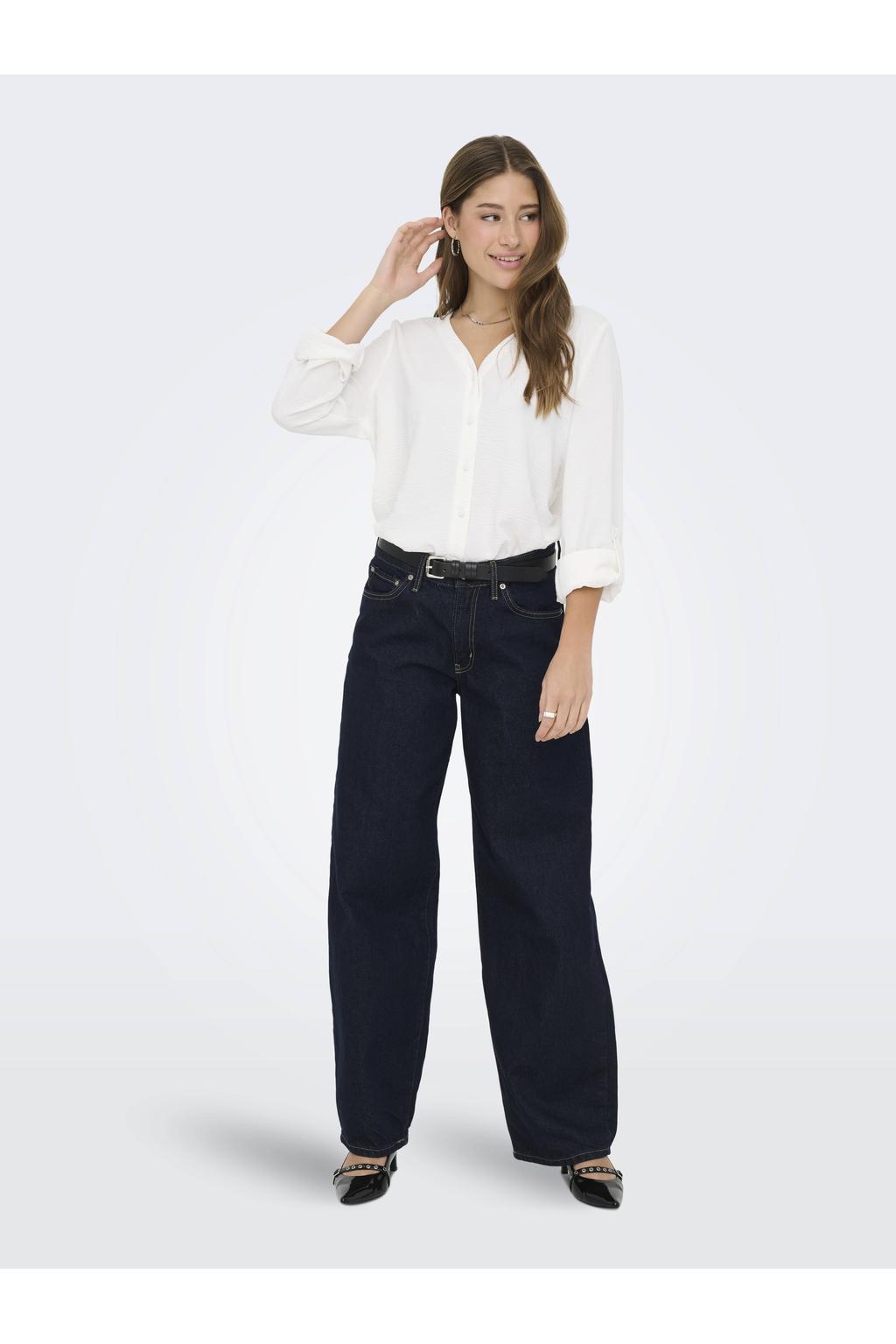 Ecru dames ONLY blouse van polyester met effen, lange mouwen, V-hals, knoopsluiting en geweven detail